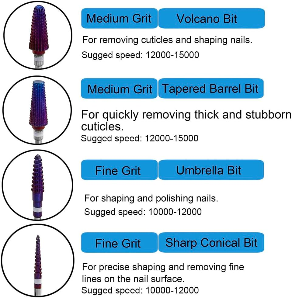 Yakamoz 4Pcs 5 in 1 Nail Drill Bit Set, 3/32" Tungsten Carbide Nail Drill Bits Professional Tornado Multi-Function Bits Two Way Purple Efile Nail Drill Bit for Manicure Pedicure Cuticle Gel Polishing image number 2