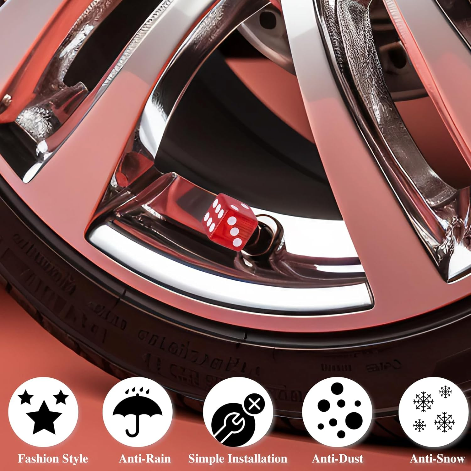 MEAJOO 4PCS Dice Shape Tire Valve Stem Caps, Universal Copper Core Dustproof Tire Valve Stem Covers for Cars, SUV, Trucks, Bikes, Motorcycles, Bicycles(Red) image number 5