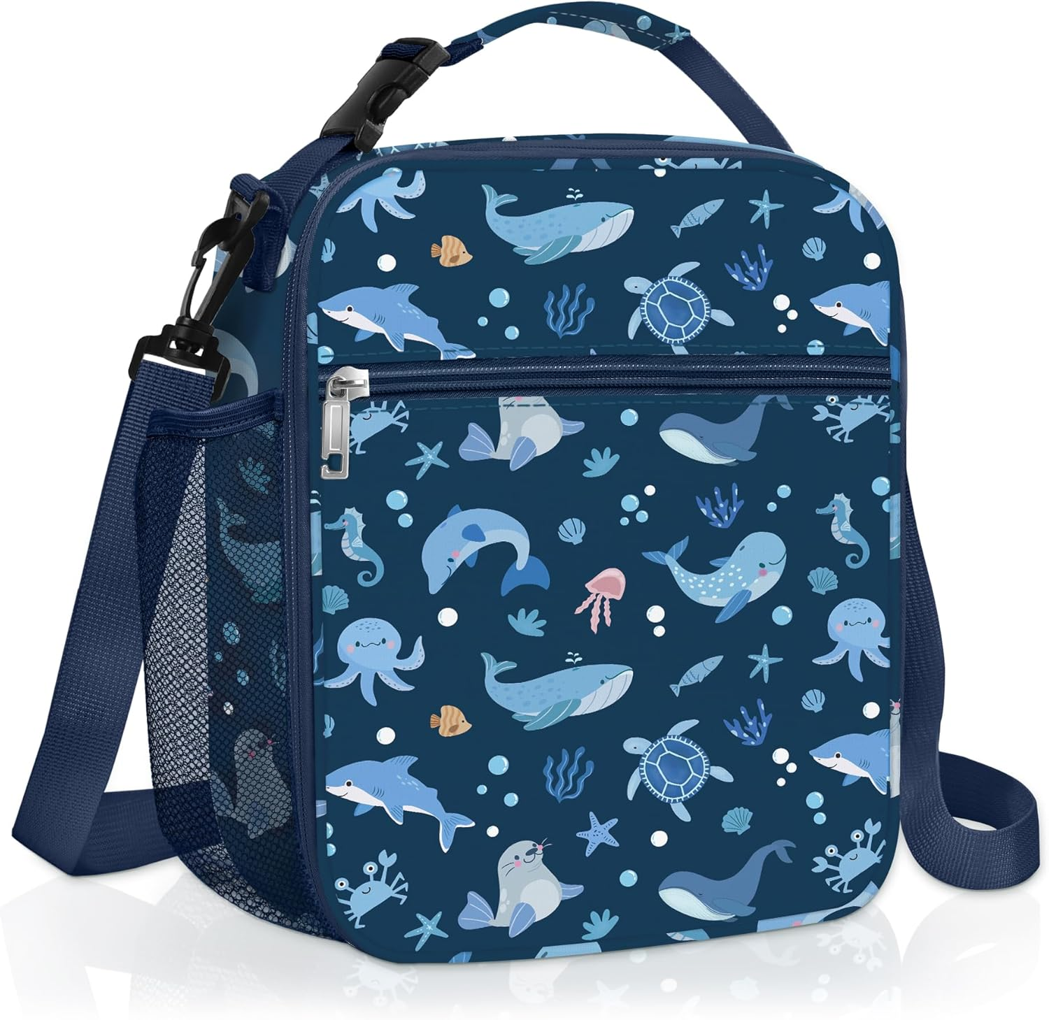 Clastyle Blue Sea Animals Insulated Lunch Bag for Kids, Portable Large Thermal Cooler Lunch Bag for Boys, School Lunch Box Bag with Bottle Holder image number 1