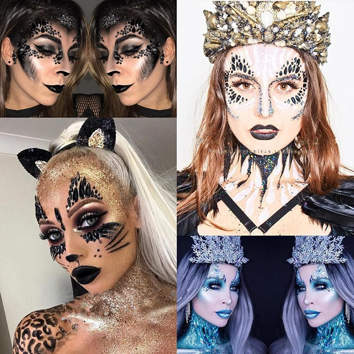 Black Halloween Face Gems, 2 Pcs Eco-Friendly Resin Material Self-Adhesive Mermaid Face Jewels Stick on Stickers Glitter Face Makeup Gems for Kids Festival Forehead Decorations (Collection 3) - Collection 3 image number 4