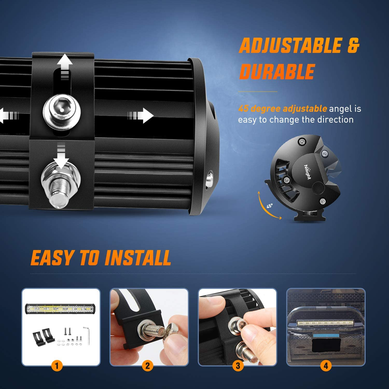 Nilight 20 Inch 420W Triple Row Flood Spot Combo Led Light Bar 4PCS 4Inch 60W LED Pods Driving Boat Lights Led off Road Trucks Lights, (ZH415), Black image number 5