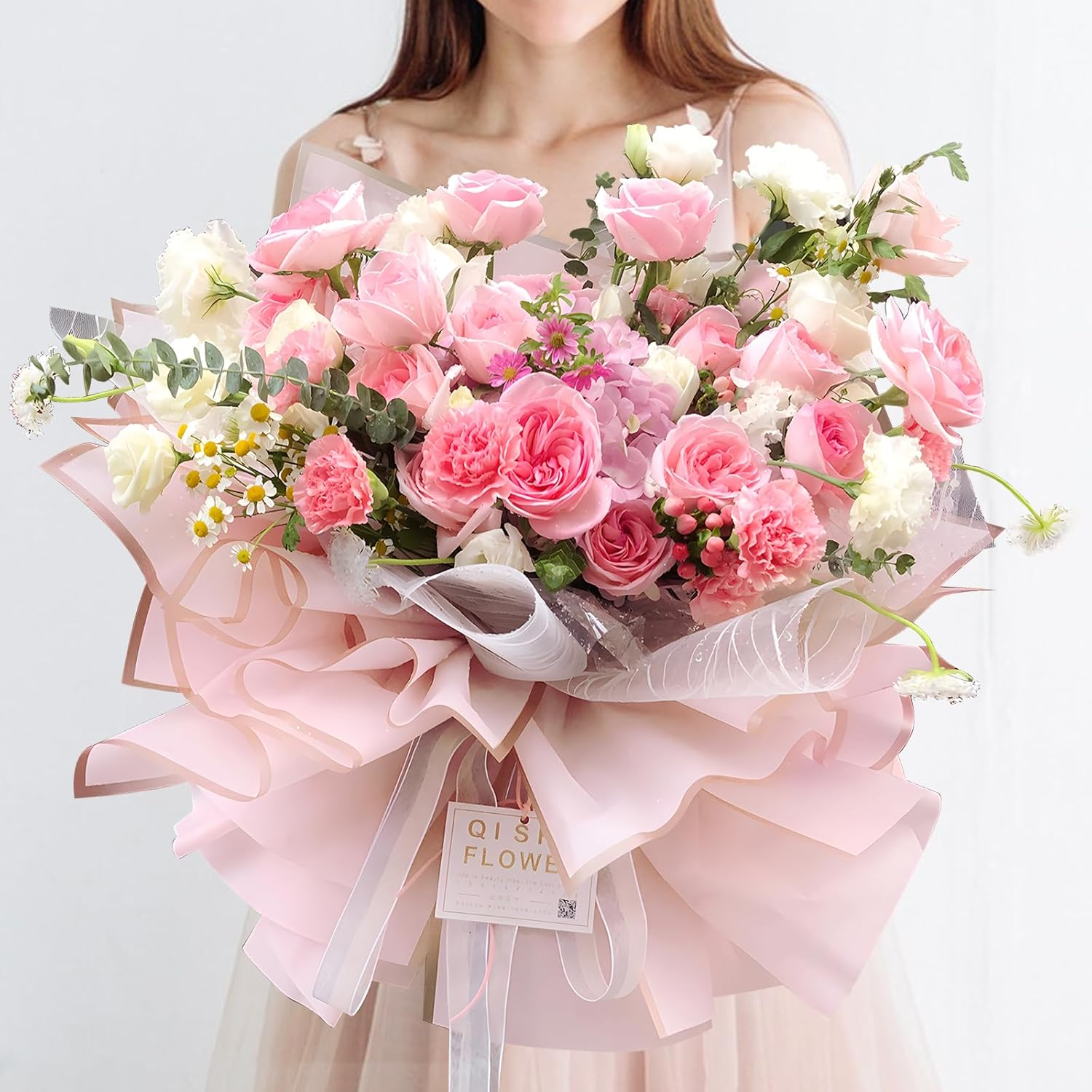 ZORRITA 20 Sheets Flower Wrapping Paper, Waterproof Bouquet Wrapping Paper with Ribbons Floral Paper for Florist Supplies, 22.8 X 22.8 Inch (Pink) image number 1