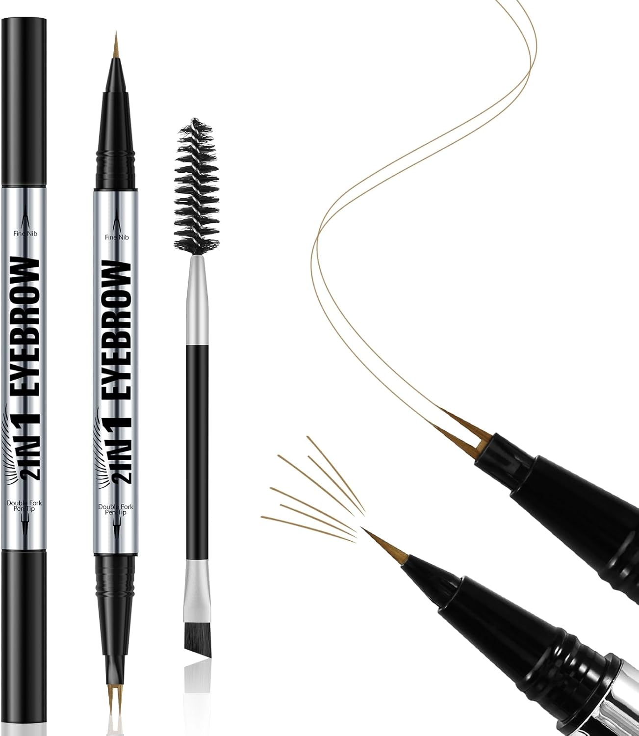 Waterproof Eyebrow Pen, Dual-Ended 2 Forks Microblading Brow Pen and Brush Set, Ultra-Precise Liquid Eye Brow Pencil, Eyebrow Makeup Pencil for Women