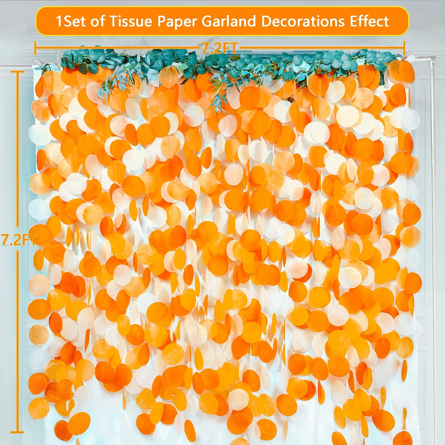 205 Ft Orange White Big Polka Dots Backdrop Garland Ombre Orange Tissue Paper Hanging Circle Dot Streamer for Birthday Baby Shower Wedding Fall Autumn Thanksgiving Harvest Party Decorations Supplies image number 1