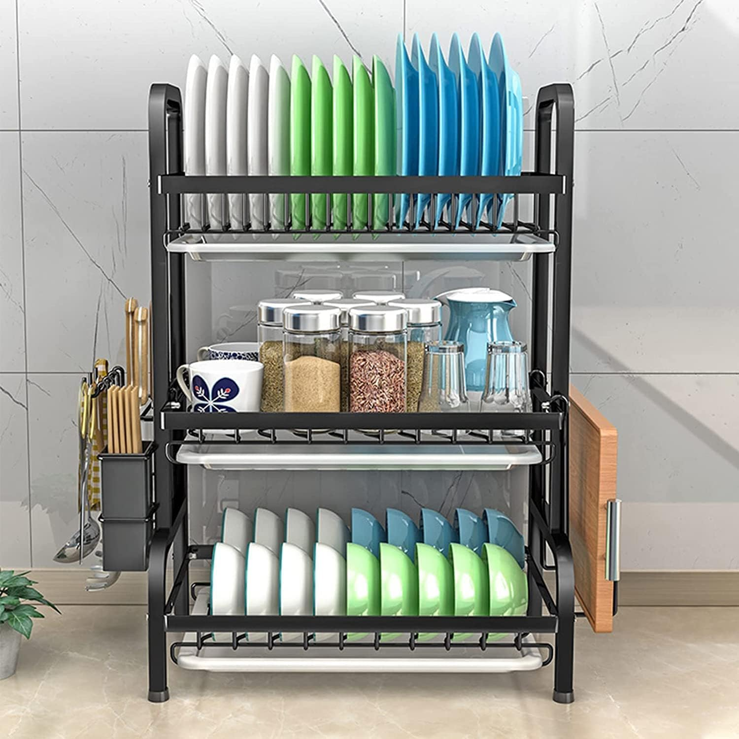 Dish Rack 3 Tier Dish Dryer Drainer Stainless Steel Dish Drying Rack Drip Trays Side Holder Kitchen Storage save Space image number 1