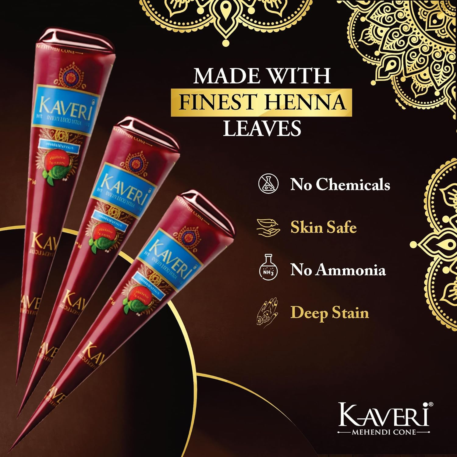 Kaveri Natural Henna Mehandi Cone for Hands & Hair Herbal Rajasthani Henna Paste in Natural Dark Brown Color with Nilgiri Oil for Bridal Dulhan Wedding Occasion Instant Mehendi Cone - Pack of 12 image number 4