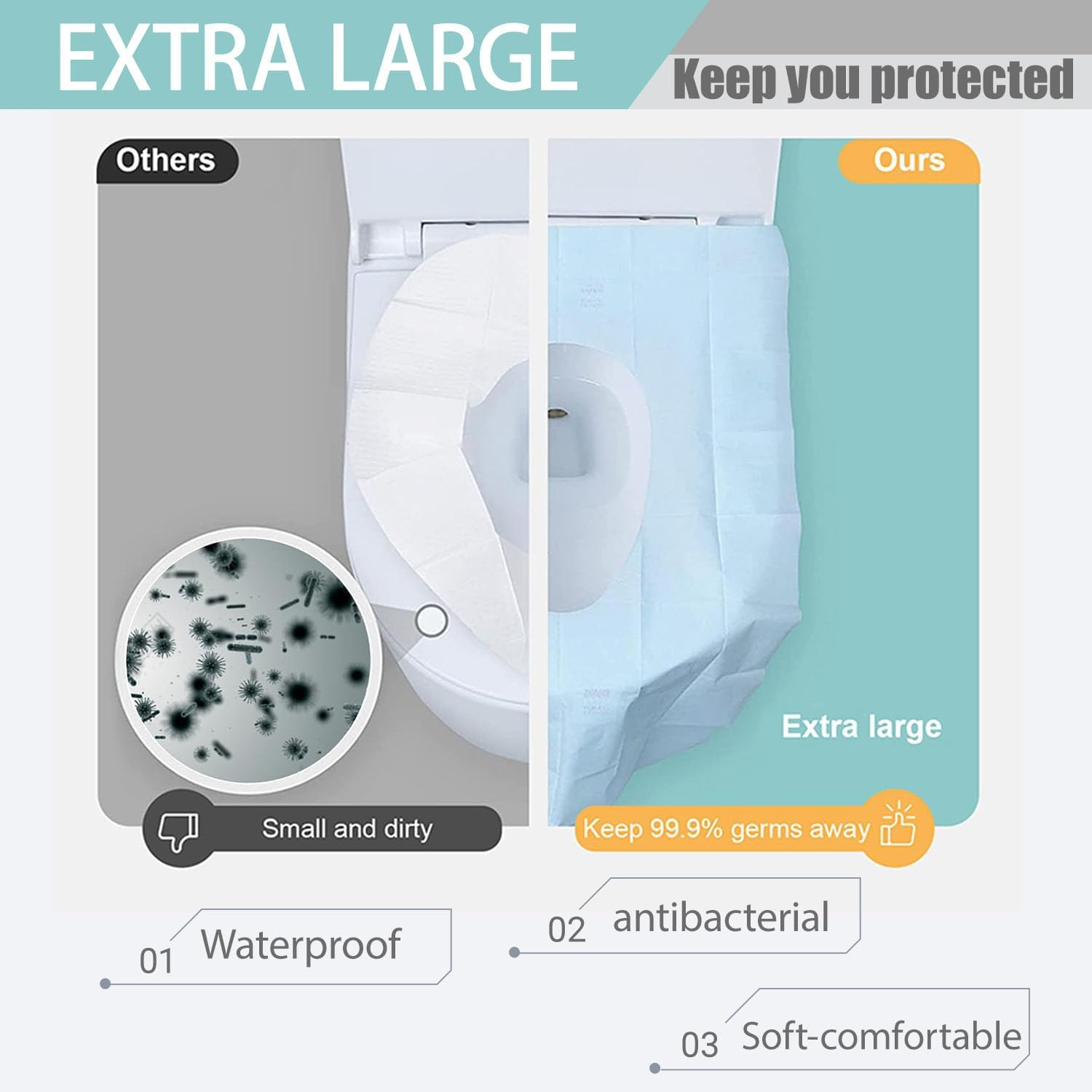 100 Pack Toilet Seat Cover Disposable ，Kids Potty Liners，Waterproof Anti-Slip Large Potty Training Toilet Seat Liner for Kids Potty Training and Adult Individually Wrapped Potty Liners ，For Public Restrooms/Travel image number 3