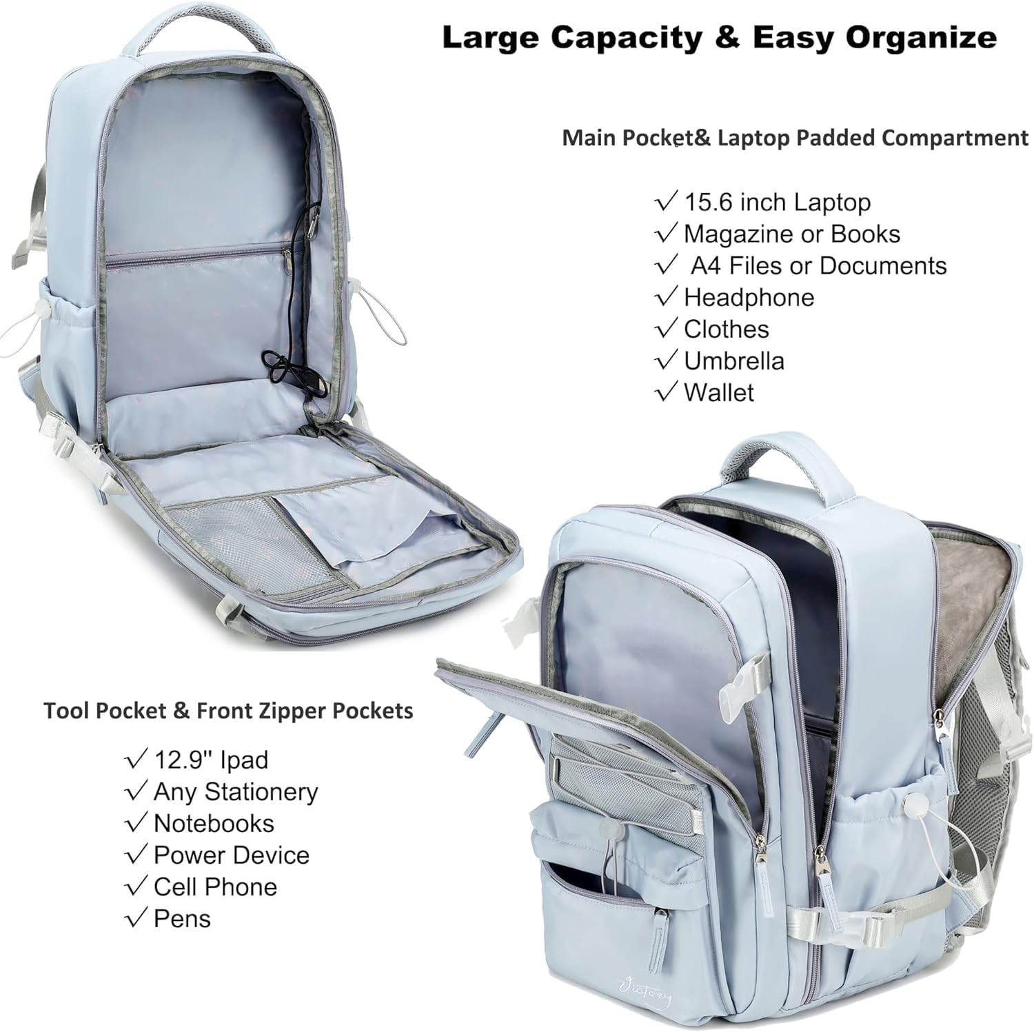 AO ALI VICTORY Travel Backpack for Women Men 15.6 Inch Laptop Backpacks with USB Port Carry on Backpack Large College Bag image number 3