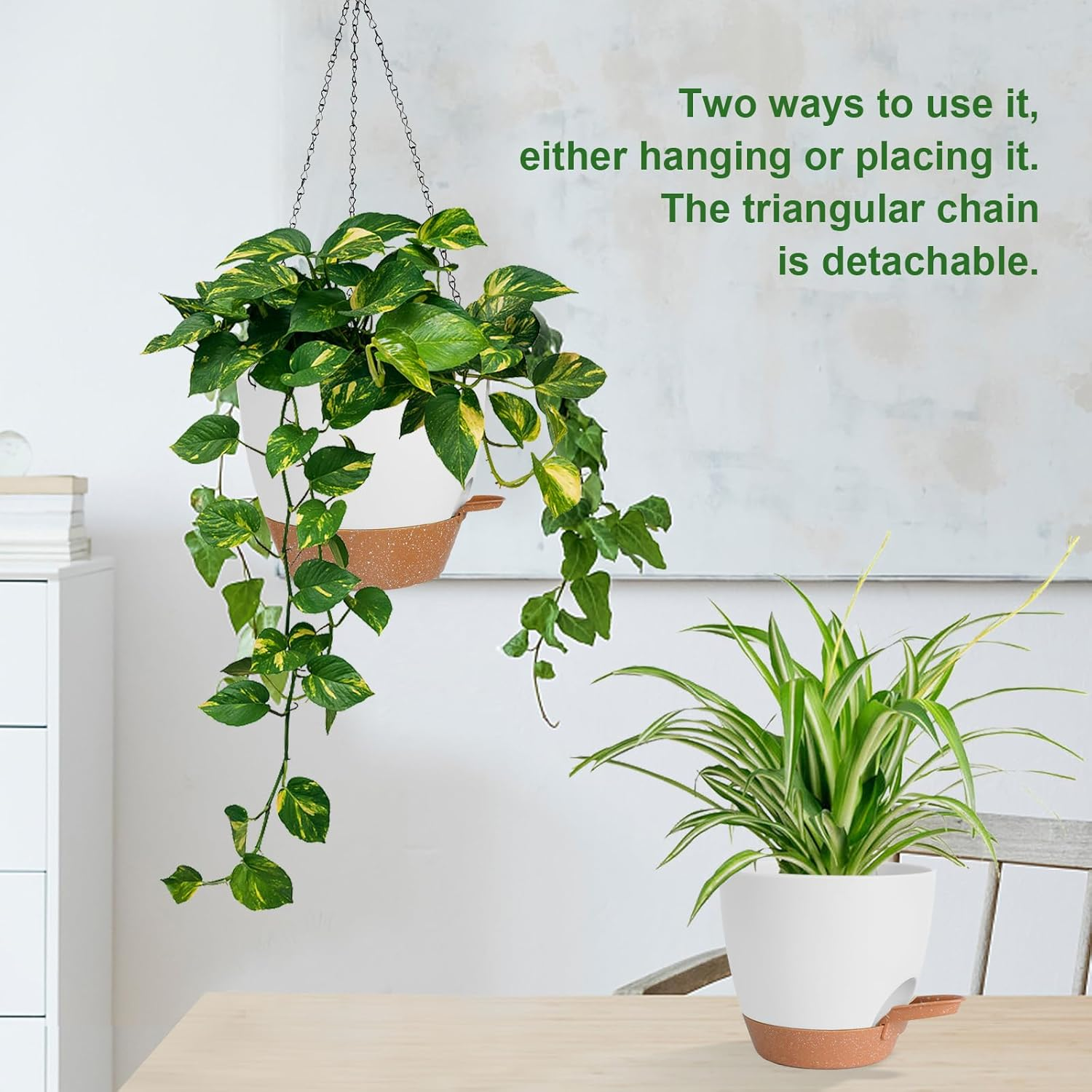 10/9/8 Inch Hanging Planter for Indoor Outdoor Plants, 3 Pack Self-Watering Hanging Pot with Drainage Holes Hanging Planter Baskets Plant Pots with Removable Tray (White+Brown) image number 1