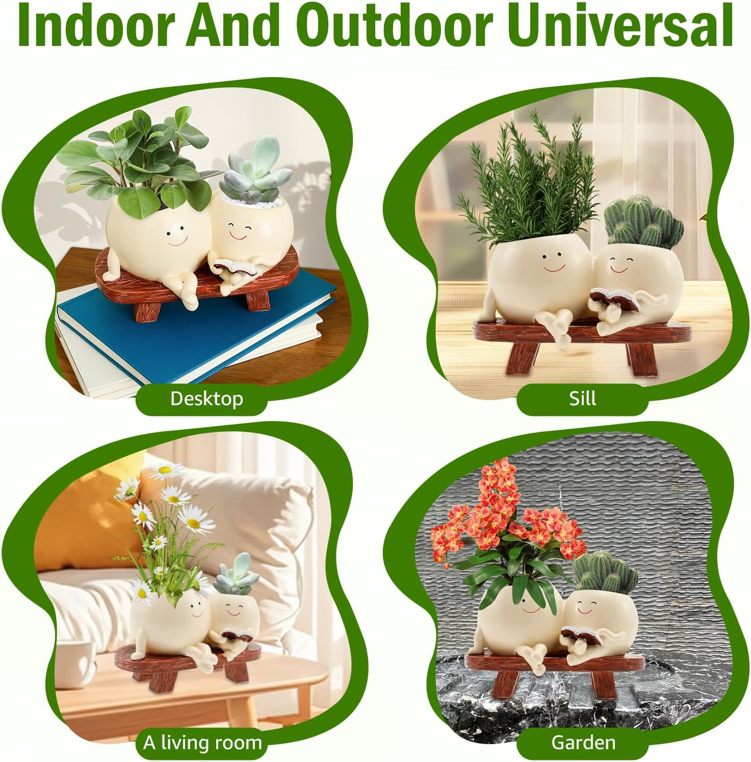 Smily Face Plant Pot, Cute Resin Double Head Planter with Drainage Hole, Novelty Design Chair Succuent Flower Pot, Modern Lady Head Vase Girl Face Planter, Desk Decor Planter for Home or Garden D&eacute;cor image number 3