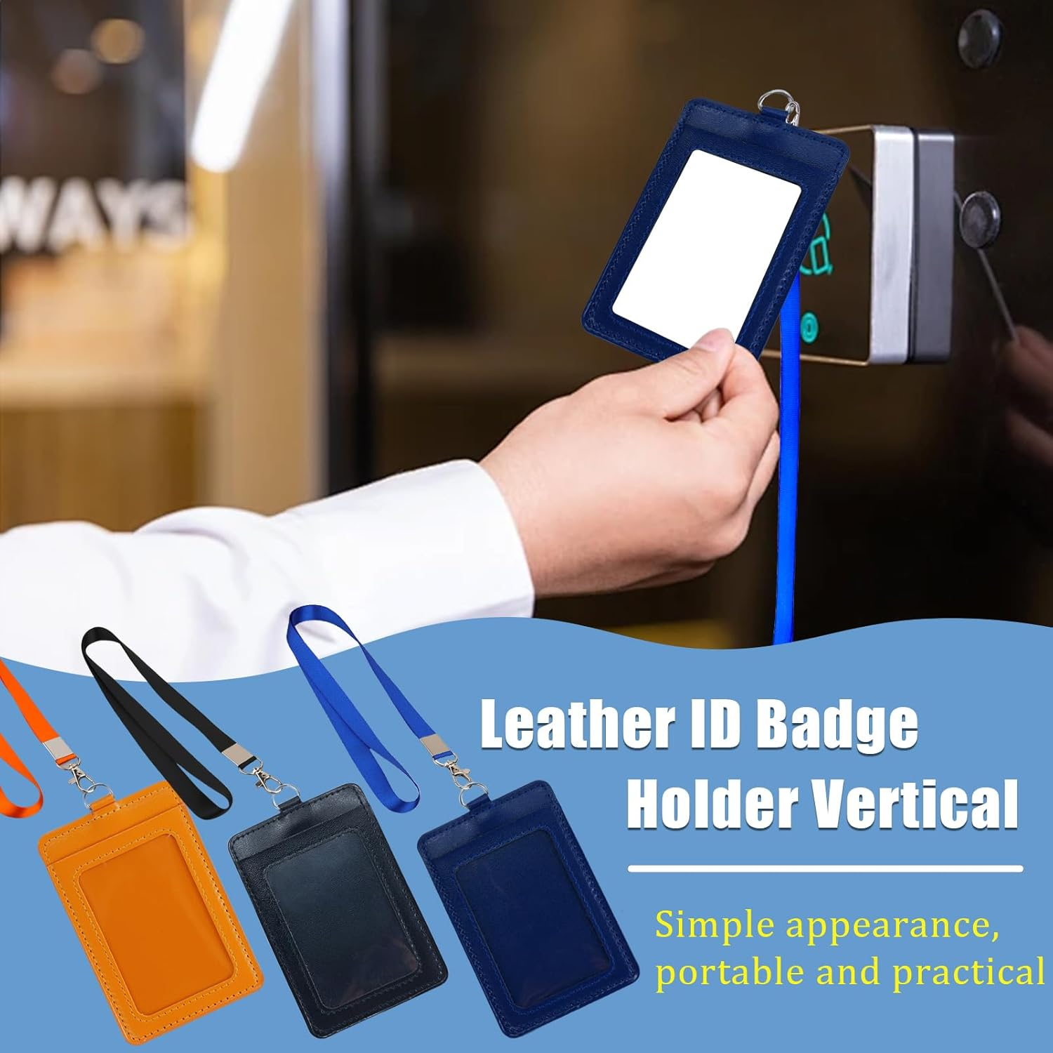 ZGWANSUI 2 Pack Vertical PU Leather ID Badge Card Holder with Lanyard & 2 Card Slot, Clear Window Name Badge Holder Case for Access Card, Business Credit Card, School Work ID, Name Tags (Orange) image number 3