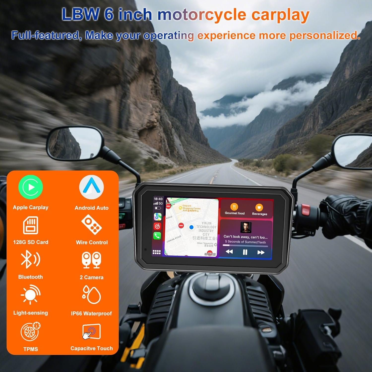 LBW 6" Pro Portable Motorcycle Dash Cam,Quick-Release Magnetic Bracket,Wireless Motorcycle Carplay & Android Auto, Motorcybike TPMS GPS Navigation, MT600 IP67 Waterproof Touchscreen, 128G SD Card image number 2