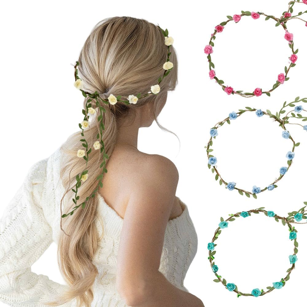 Flower Crown Headband, Festival Flower Headband, Floral Hair Wreath, Artificial Flowers, Female, Set of 4 image number 6
