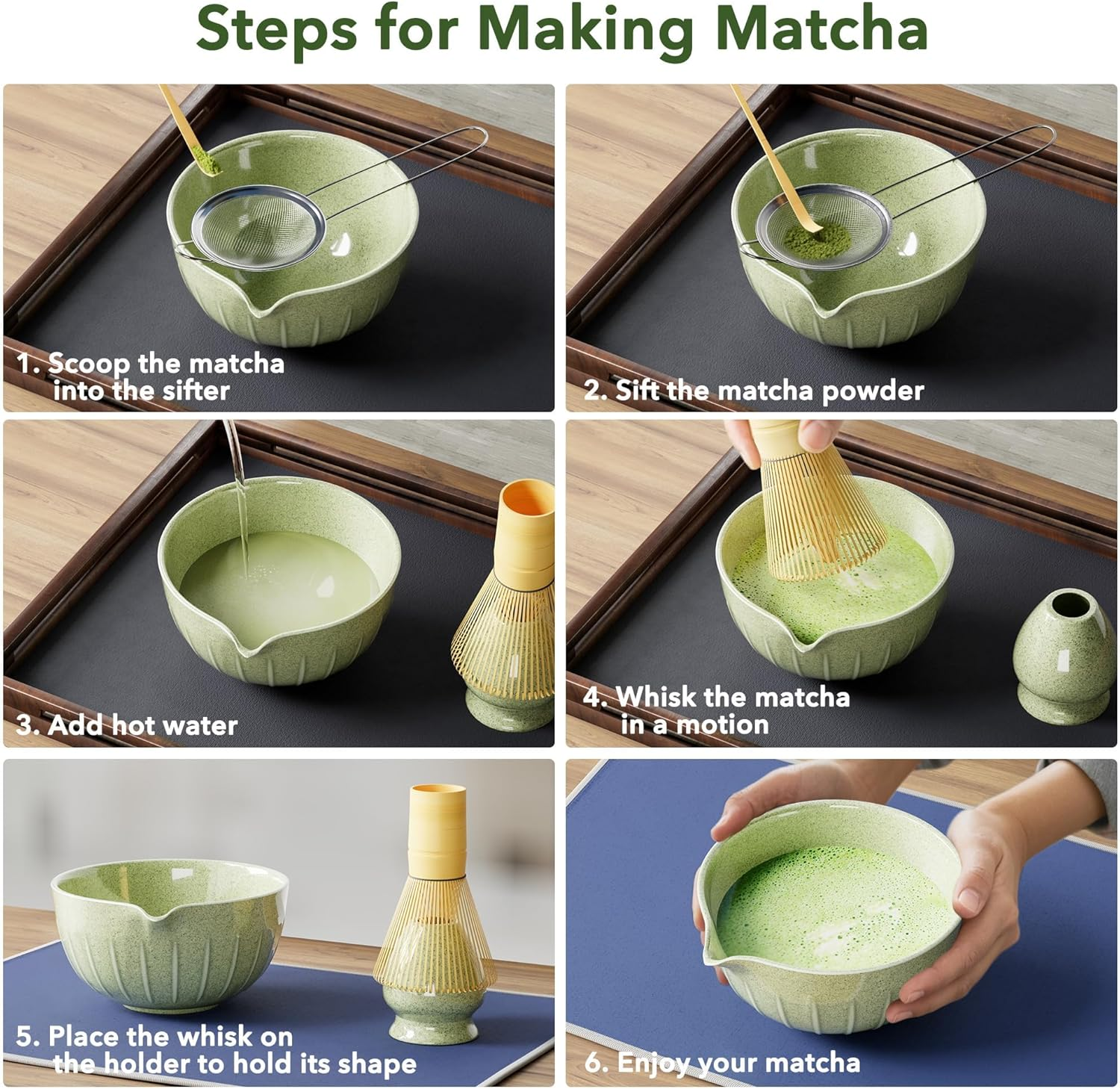 Traditional Japanese Matcha Tea Ceremony Set, 7-Piece Premium Ceramic Bowl and Bamboo Whisk Kit, with Scoop, Holder, Sifter, Rest, Tea Towel (Green) image number 5