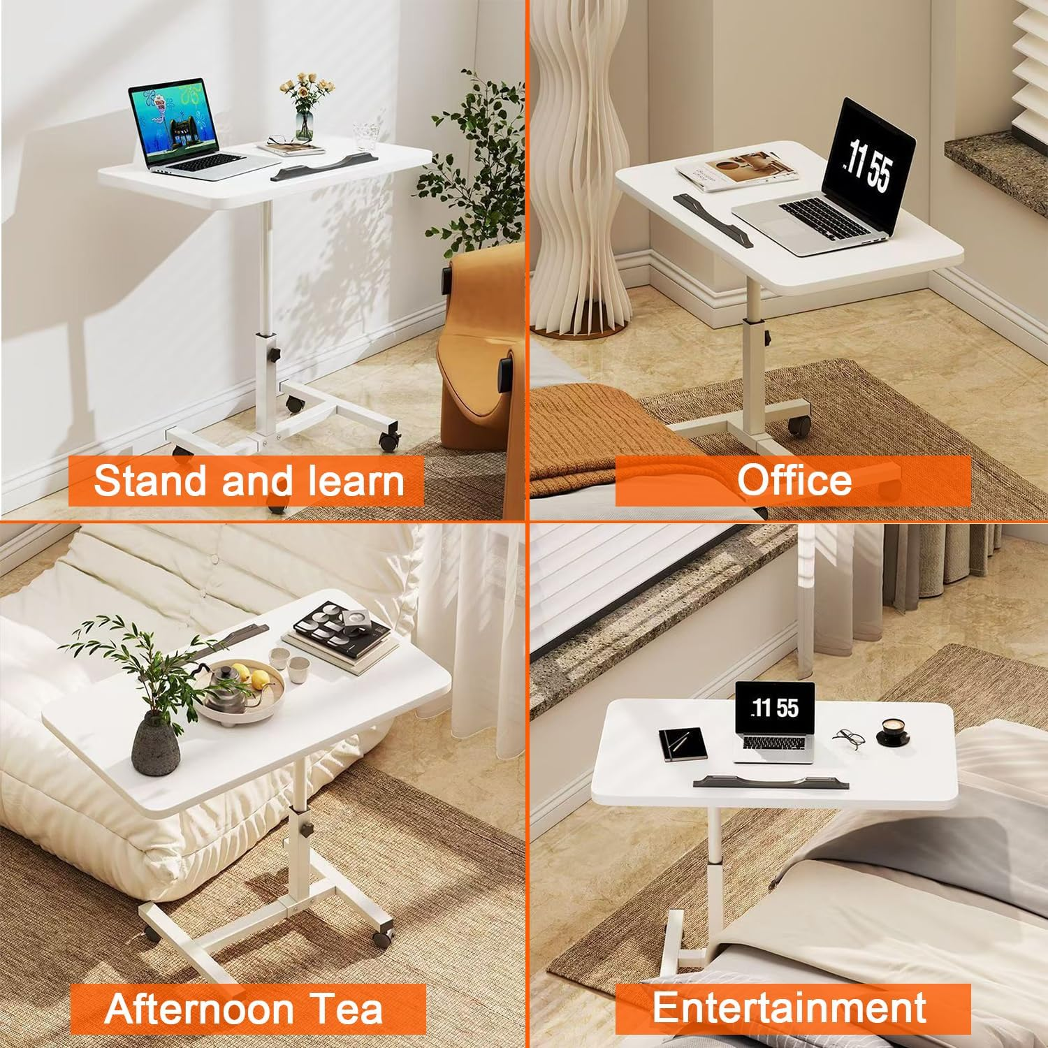 Mobile Overbed with Wheels, Height Adjustable Laptop Table with Shelf, Portable Home Office Desk Mobile Laptop Computer Standing Desk Cart with Tray for Work Study Reading image number 4