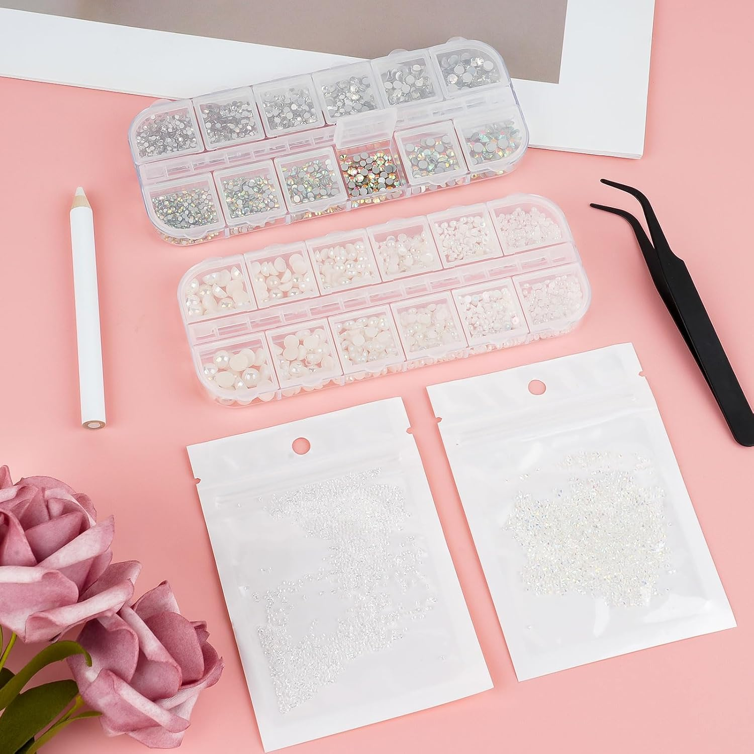 5820 Pieces Rhinestones Nails, Glitter Stones Nails and Semicircular Beads, AB Crystal Rhinestones, Flatback Nail Stones with Tweezers and Pen for Nail/Diy (Multiple Sizes and Colours) image number 6