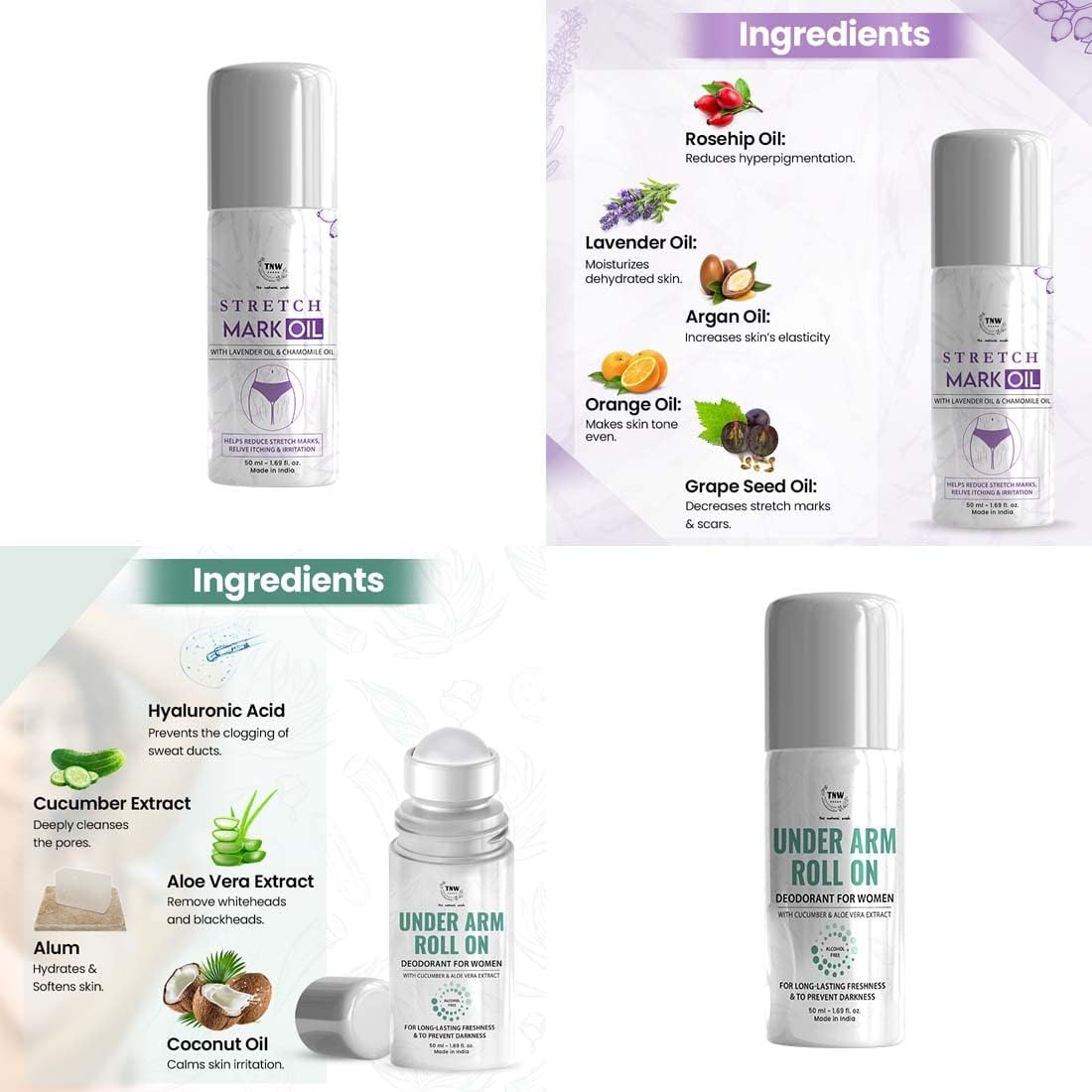 Tnw-The Natural Wash Body Care Combo with Stretch Mark Oil and under Arm Roll on | for Reducing Stretch Marks & Controlling Odor | Suitable for All Skin Types image number 1