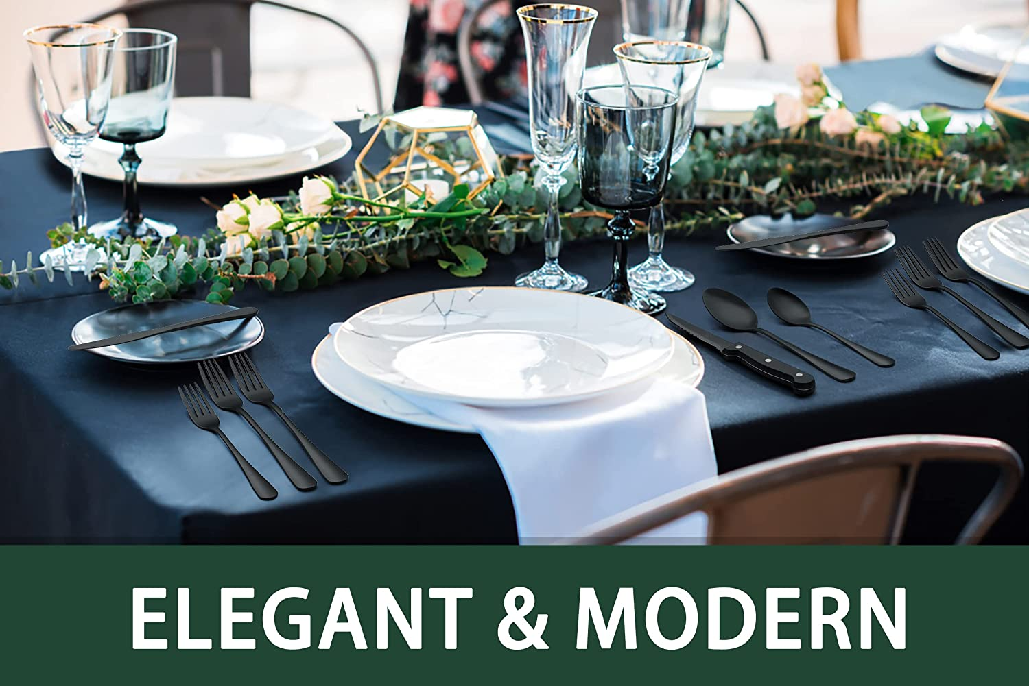 24-Piece Black Silverware Set with Steak Knives, Black Flatware Set for 4, Food-Grade Stainless Steel Tableware Cutlery Set, Mirror Finished Utensil Sets for Home Restaurant image number 4