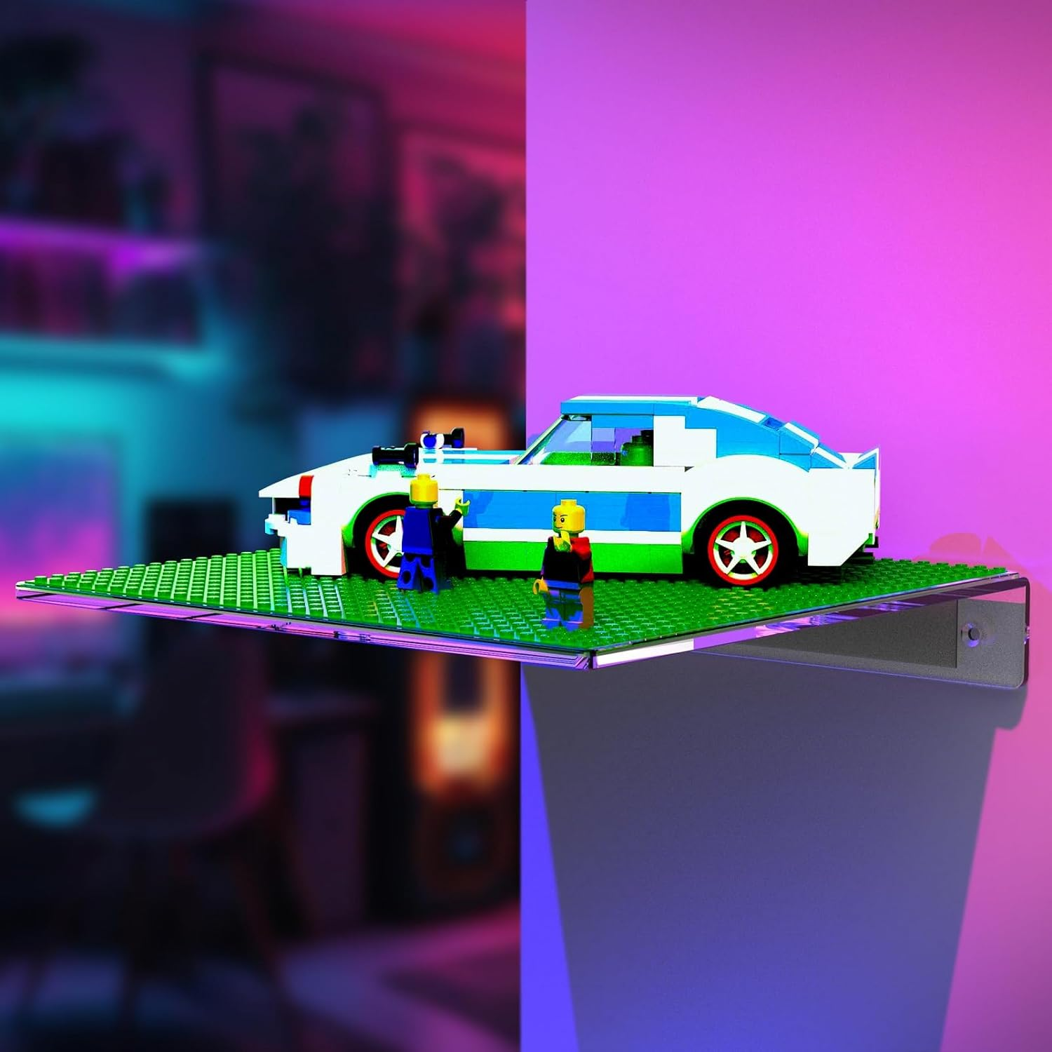 GALVANOX Display Sheves for Building Bricks (2 Pack) Compatible with All Toy Block Brands, Floating Wall Mounted Shelf with 10 Inch Removable Baseplate (Clear Acrylic Stand) image number 1