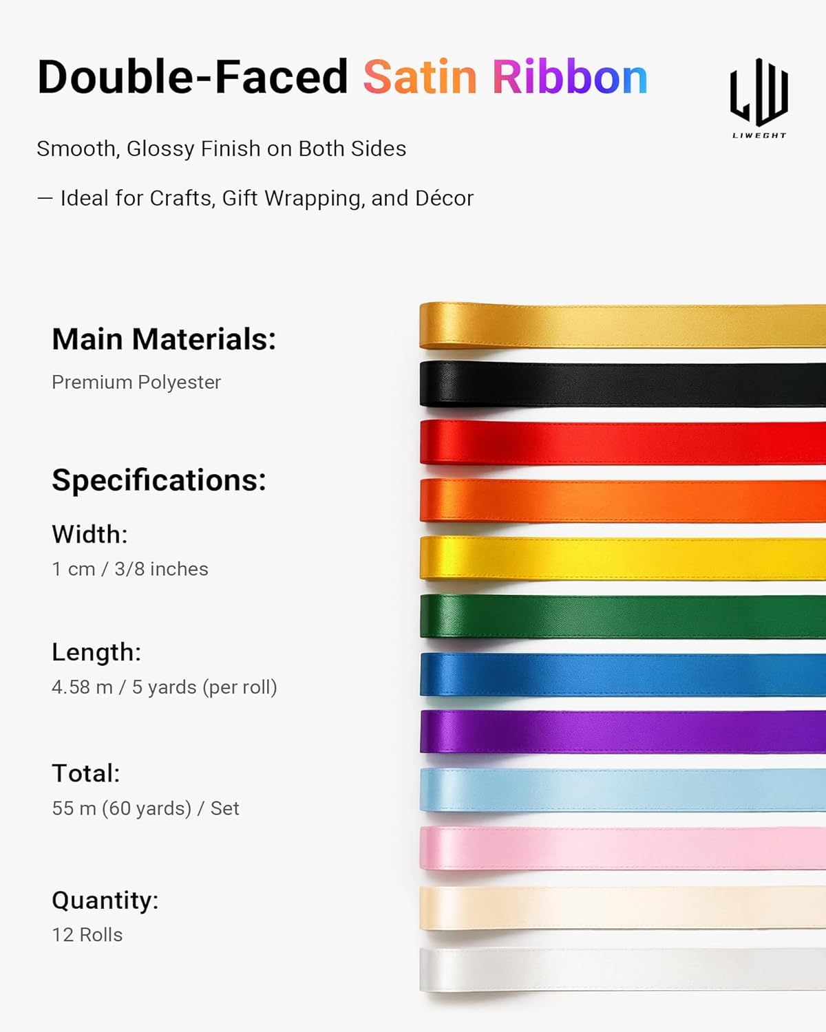 LIWEGHT Rainbow Satin Ribbon 12 Colors 1Cm X 4.58M, Total 55M, Double Face Satin Ribbons for Crafts, Gift Wrapping, Wedding Gifts, Hair Bows, Birthday Party Decorations image number 5