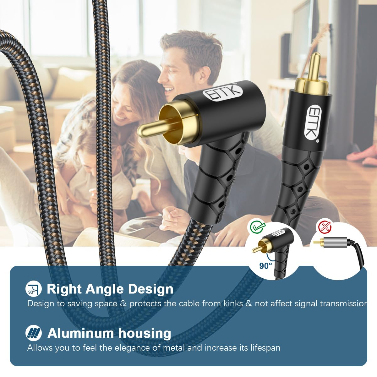 EMK 90 Degree RCA Subwoofer Cable 24K Gold-Plated Connector Nylon Braided Double Shielded &ndash; Support Digital & Analog Signals for Amplifier, Home Theater, Hi-Fi System,Subwoofer Black/15Ft/5M