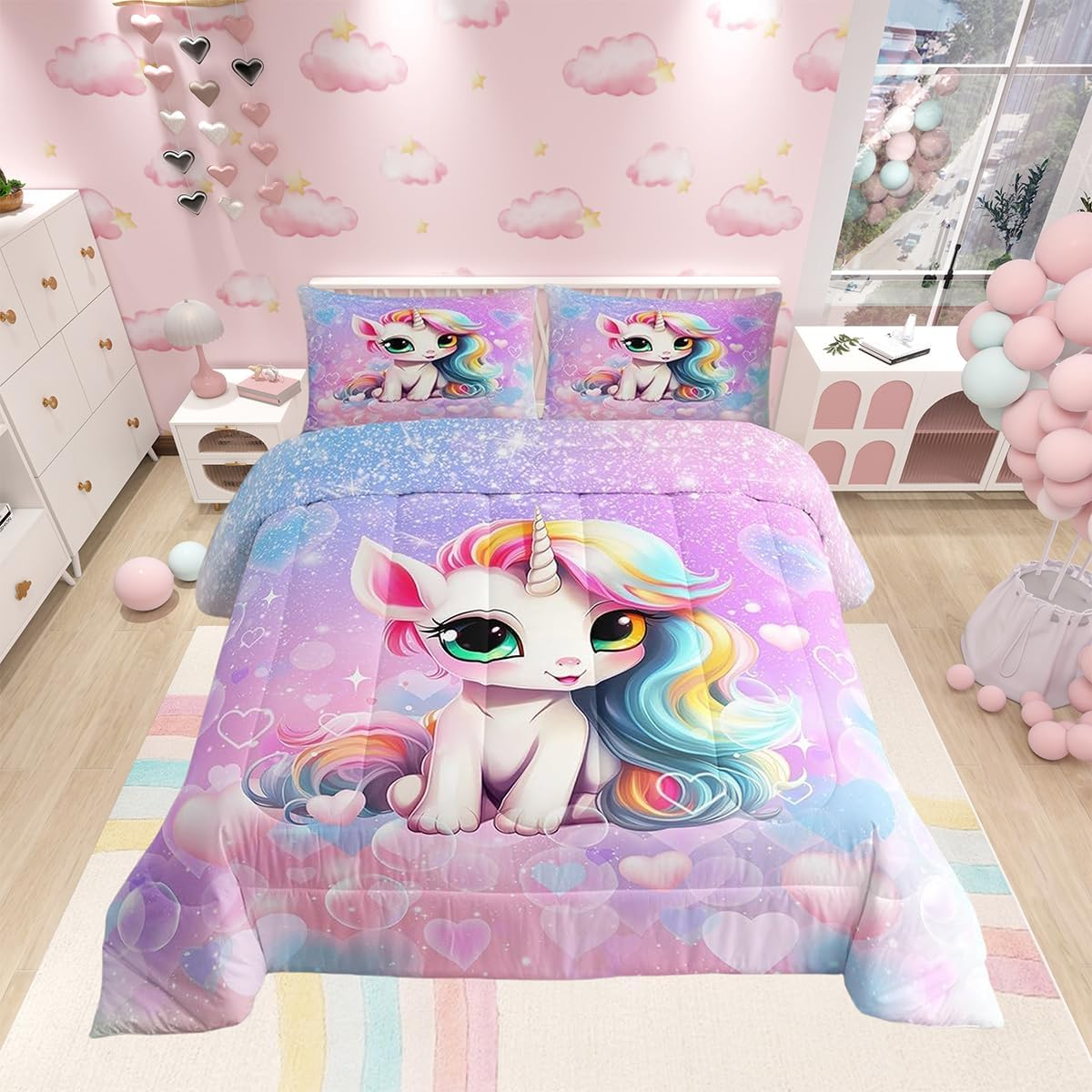 Manfei Cute Unicorn Comforter Set King Size, Pink Blue Glitter Princess Bedding Set 3Pcs, Girls Woman Bedroom Decor, Cartoon Kawaii down Comforter for Kids, Girly Dreamy Duvet Insert, 2 Pillowcases image number 4