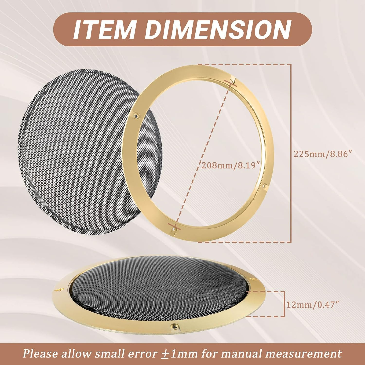 8'' Speaker Grill Cover 8 Inches Speaker Subwoofer Grill Grille Cover with Metal Mesh and Gold Plastic Rim for Car Speakers, Home Speakers image number 4