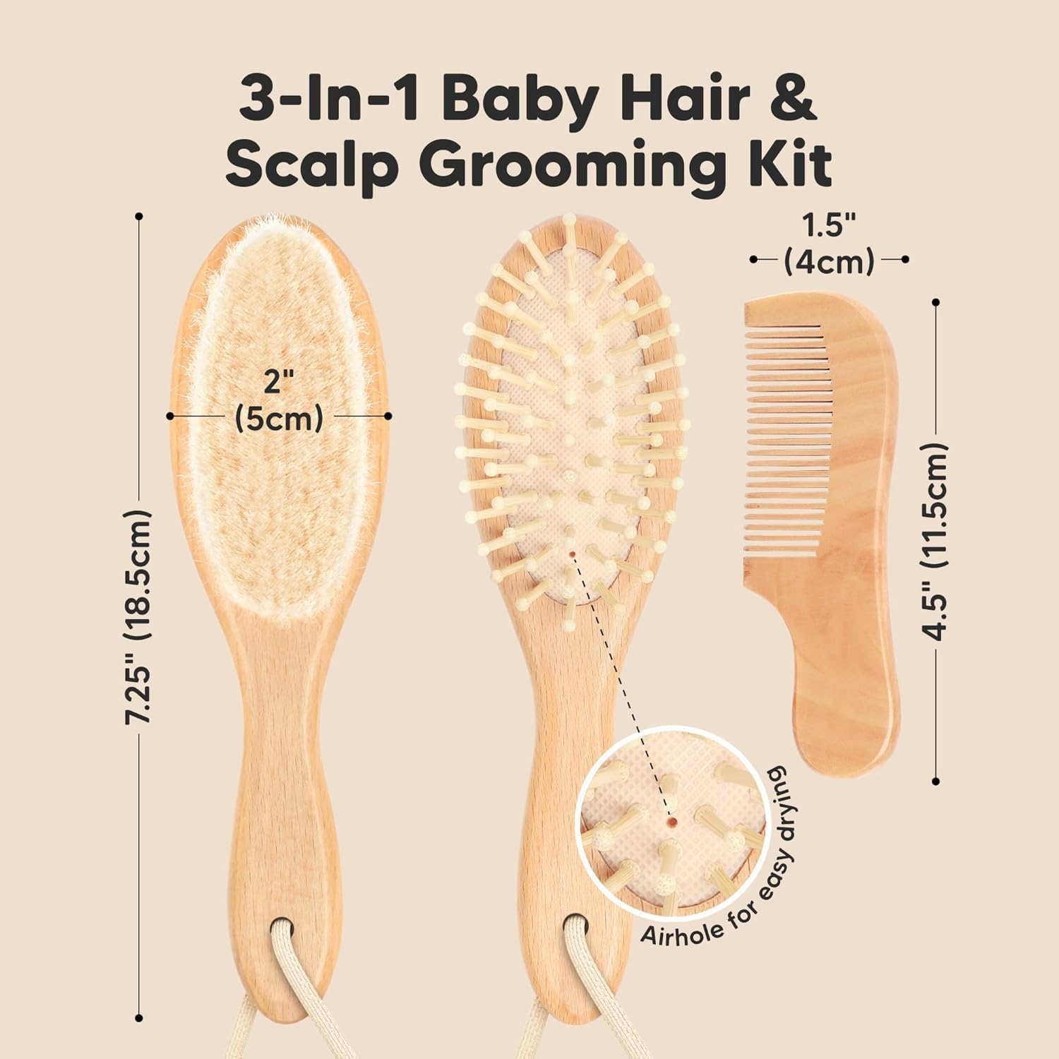 Baby Hair Brush Set, Wooden Comb Massage Scalp Comb Natural Goat Bristles 3-Piece for Newborns & Toddlers, Ideal for Cradle Cap & Itching, Perfect Shower and Registry Gift image number 3