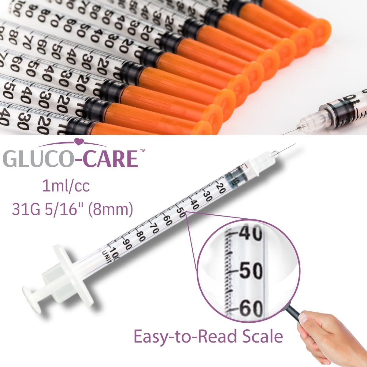 GLUCO-CARE 1 Ml/Cc Syringes 31G X 5/16&rsquo;&rsquo; (8Mm), Orange Cap, 100/Box image number 1