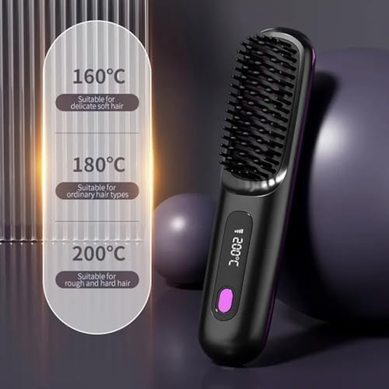 Go Brush Pro, 2025 Cordless Hair Straightener Brush, Portable Straightening Comb for Travel, Portable Mini Hot Comb with Negative Ions Smoother, Rechargeable Heated Brushes (Black)