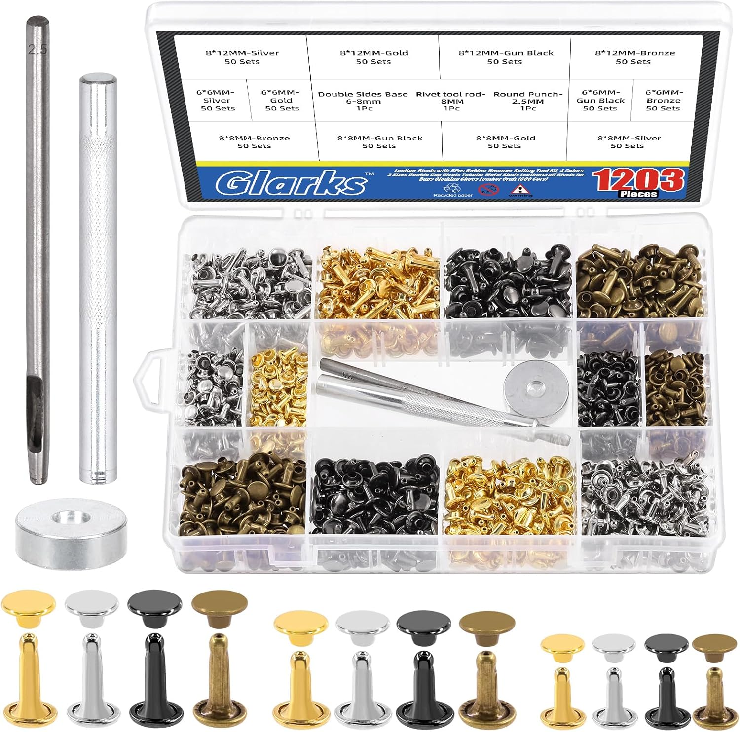 Glarks 600 Sets Leather Rivets with 3Pcs Setting Tool Kit, 4 Colors 3 Sizes Double Cap Rivets Tubular Metal Studs Leathercraft Rivets for Bags Clothing Shoes Leather Craft - 360 Sets + Hammer image number 5