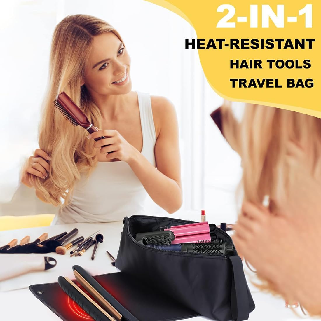 2 in 1 Hair Tools Case with Heat Resistant Mat, Large Travel Bag for Flat Irons, Straighteners, Curling Iron, Haircare Accessories image number 1