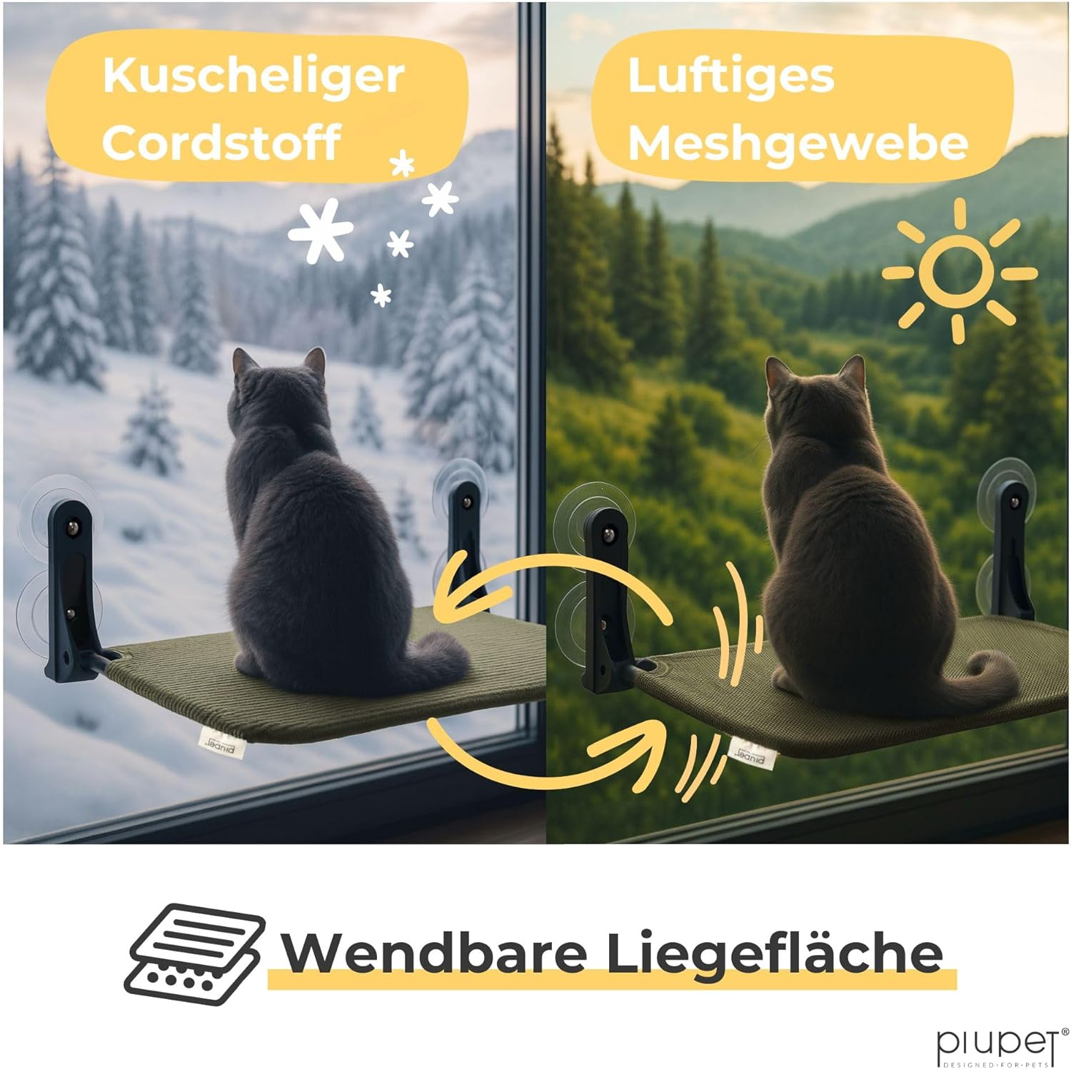 Piupet Floating Cat Window Lounger - Foldable & Space-Saving Cat Lounger with Suction Cups I Reversible Hammock for Windows I Cat Bed up to 20 Kg for Sun Place & Panoramic View (Green, Large) image number 4