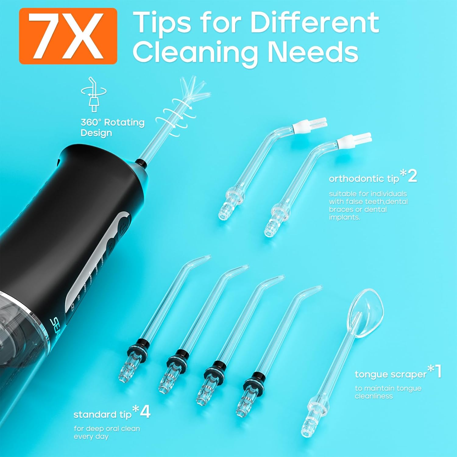 SEAGO Water Dental Flosser Cordless for Teeth, 5 Modes and 7 Nozzles, Dental Water Flosser 300ML, DIY Mode Memory Function, IPX7 Waterproof Dental Flosser, SG8019 (Black) image number 6