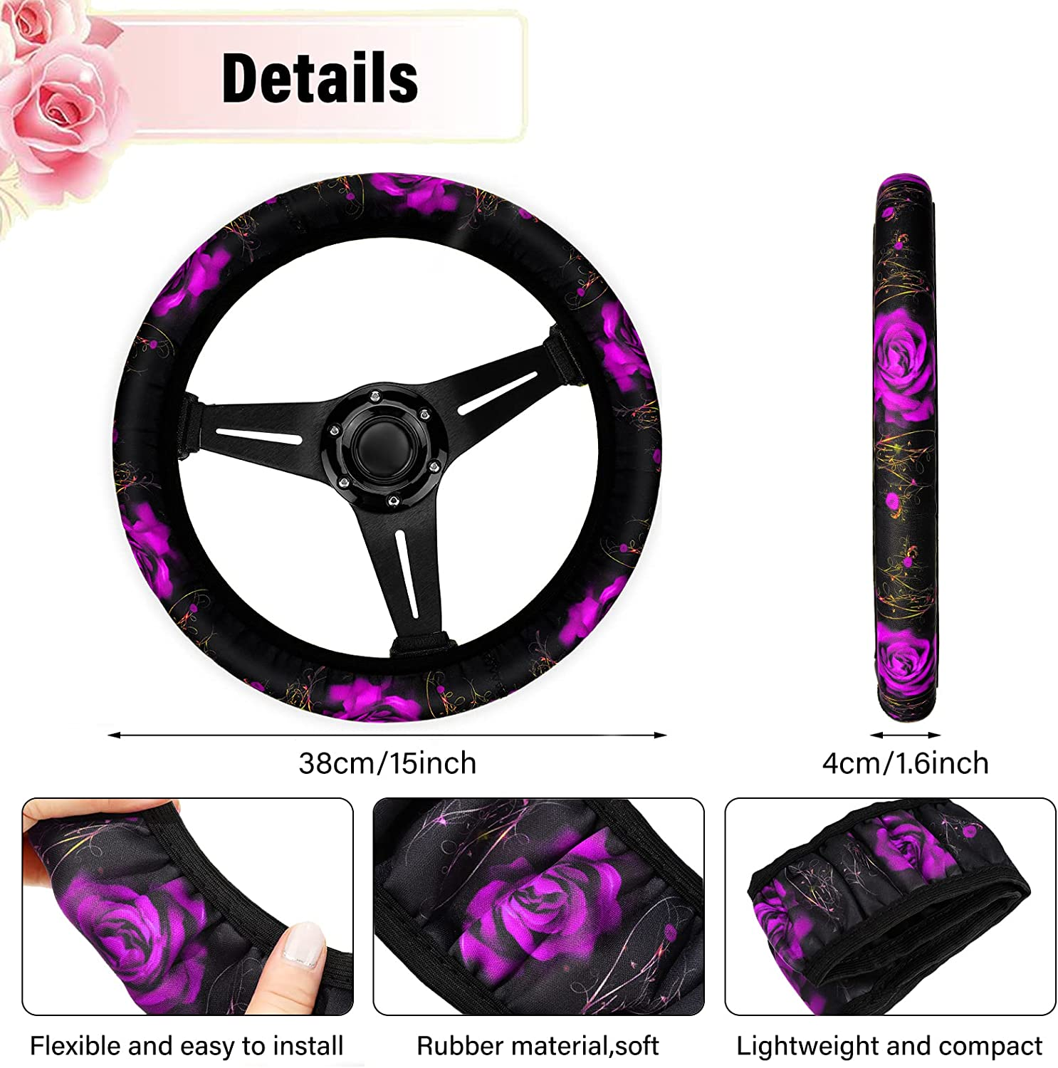 15 Pcs Rose Art Flower Car Seat Covers Full Set for Women Rubber Steering Wheel Cover Armrest Cover Seatbelt Covers Polyester Fabric Front Seat Rear Backrest Cover Bottom Cover Universal (Purple) image number 2