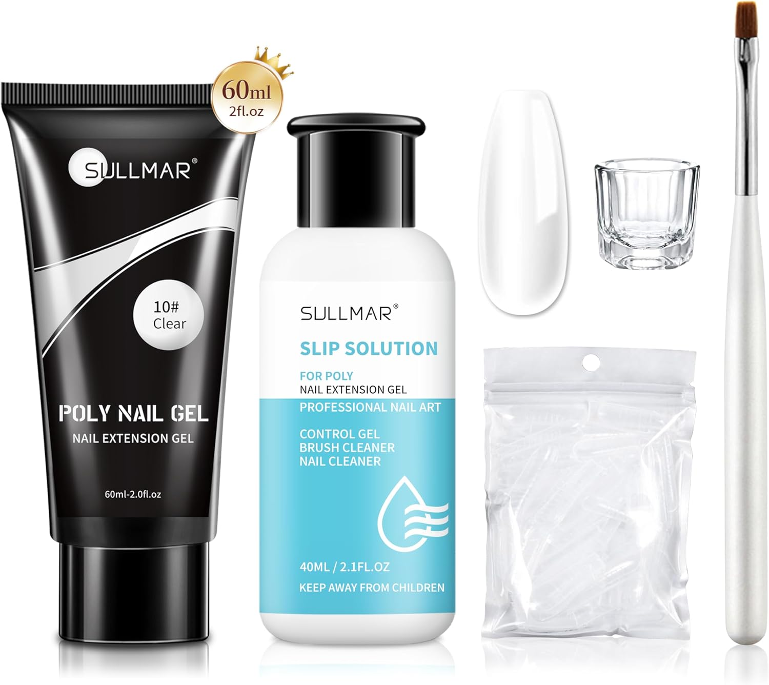 SULLMAR Clear Poly Nail Gel Kit-60Ml/2Fl.Oz Clear Poly Nail Gel Kit,All-In-One Set Nail Extension Gel Nail Kit with Slip Solution Dual Form Nail Brush and Glass Cup,Nail Art Design for Beginners