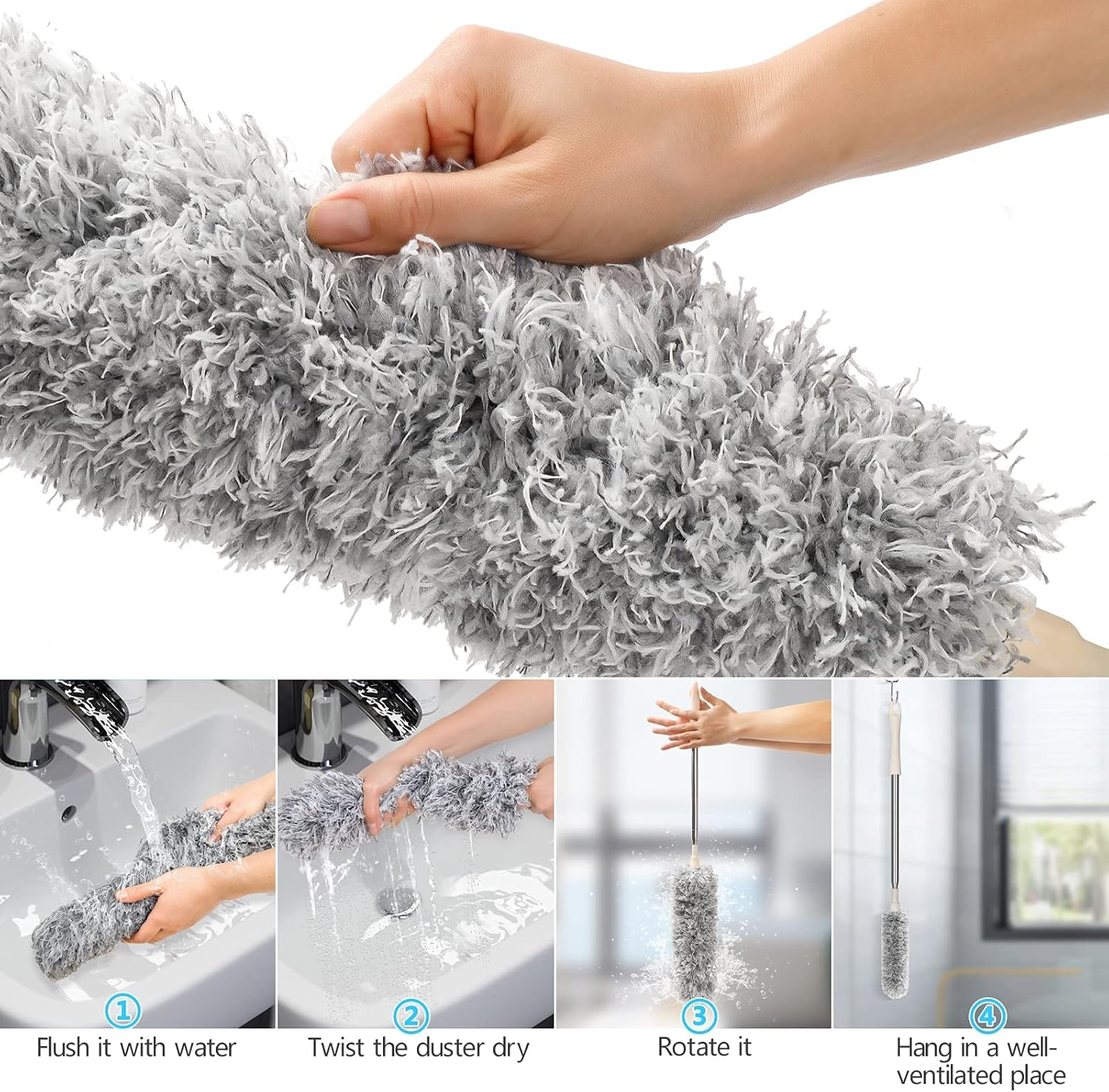Microfiber Duster, Necomi&reg; with Extension Pole(Stainless Steel) 30 to 100 Inches, Reusable Bendable Dusters, Washable Lightweight Dusters for Cleaning Ceiling Fan (3PCS) image number 5
