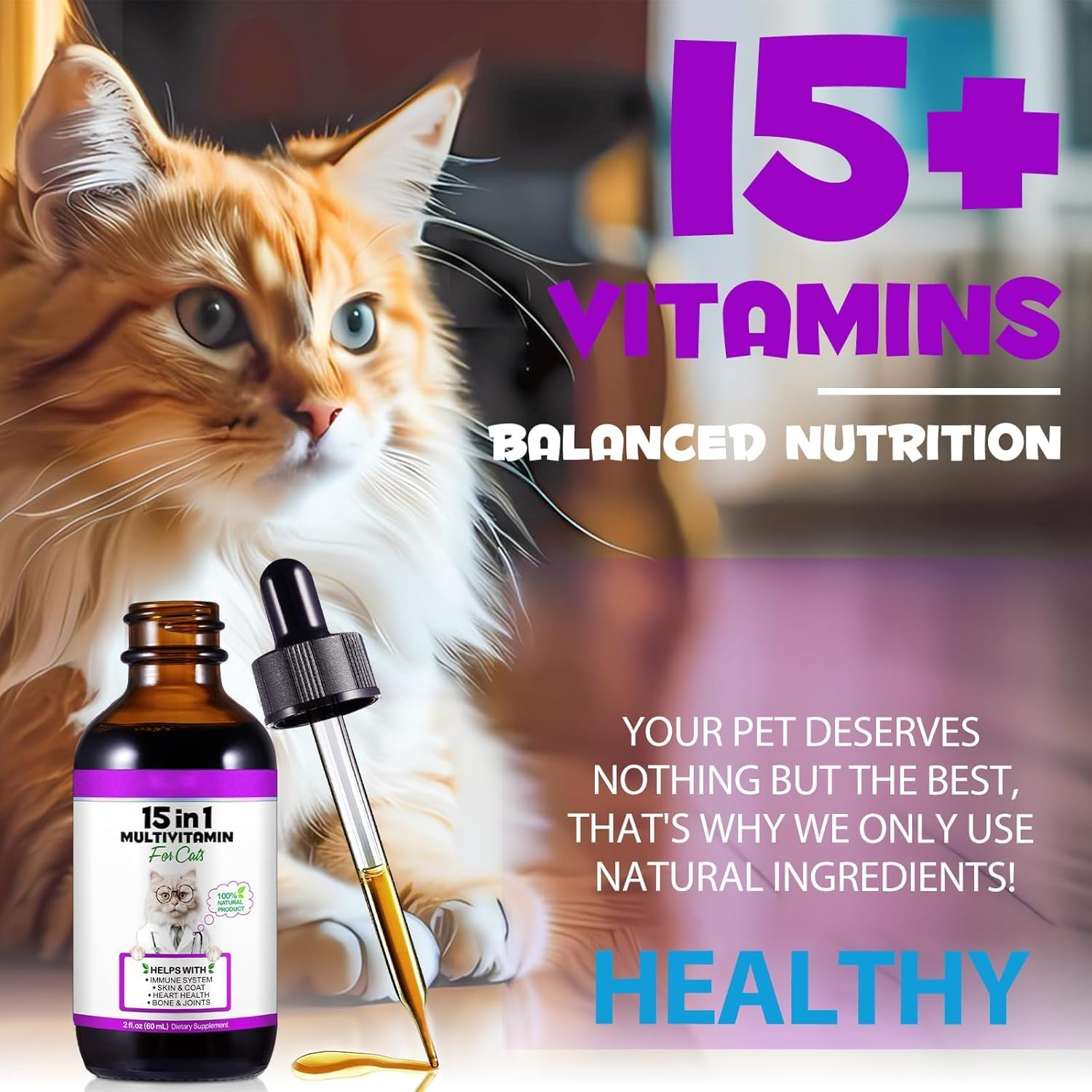 15-In-1 Cat Multivitamin Liquid Drops 60Ml | Supports Joints, Skin & Coat, Immune & Urinary Health | with Cranberry, Glucosamine & Probiotics | image number 4