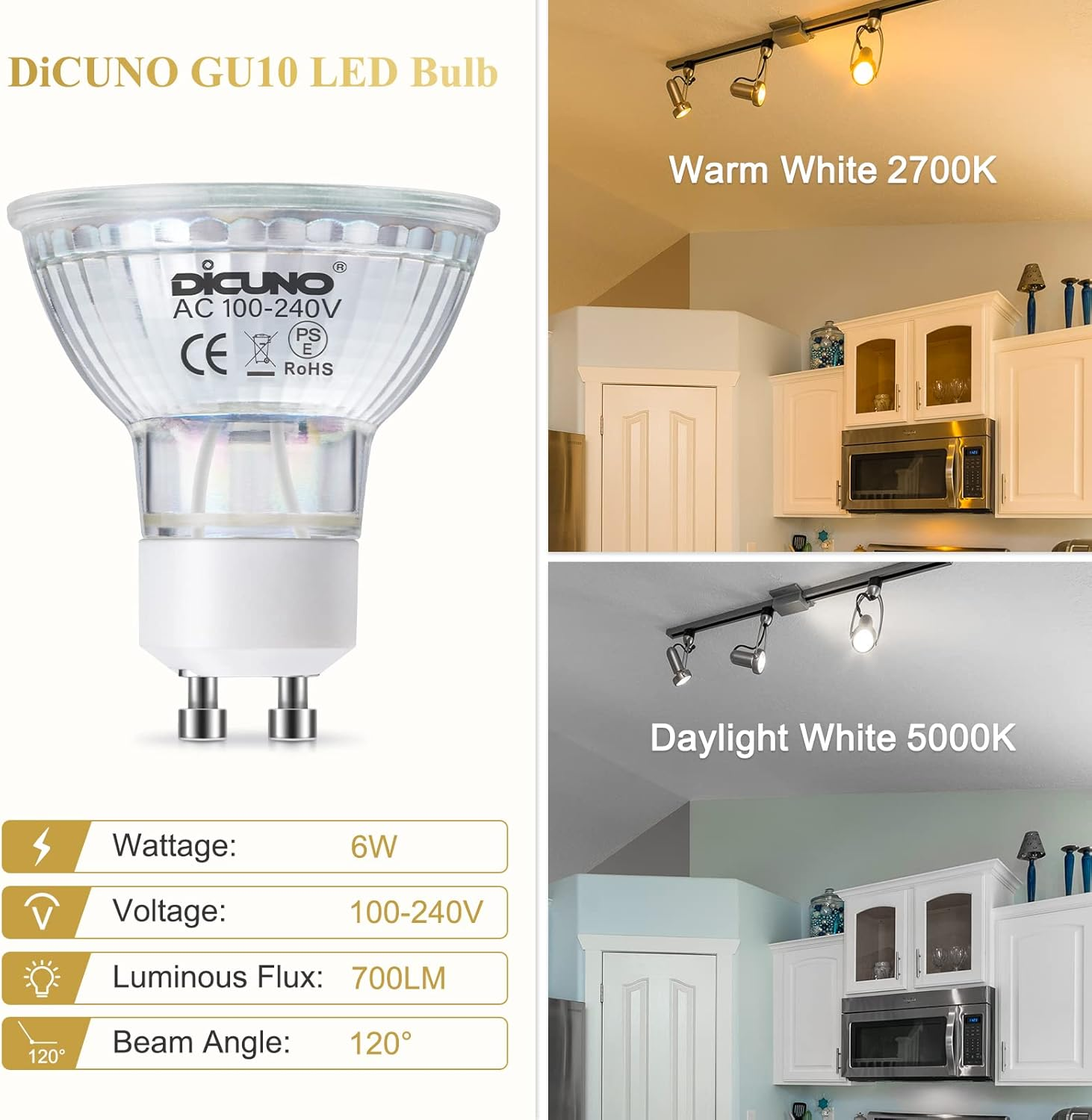 Dicuno GU10 LED Bulb, 6W 700LM Spotlight, Equivalent to 60W Halogen Lamp, Daylight White 5000K, AC 100-240V, Not Dimmable, 120&deg; Beam Angle, 6-Pack image number 1