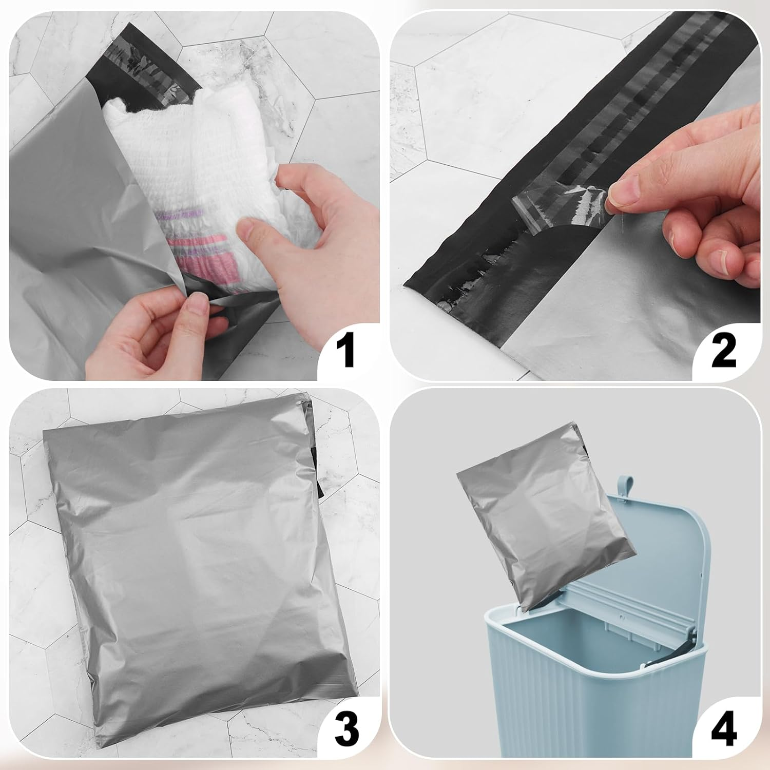 Adult Diaper Disposal Bags Pack of 200,Gray Adult Diapers Disposable Bags 9.84 X 13.78Inches Opaque Incontinence Pad Disposal Bags for Adult Diapers,Incontinence Underwear (With 2Pcs Storage Bag) image number 6