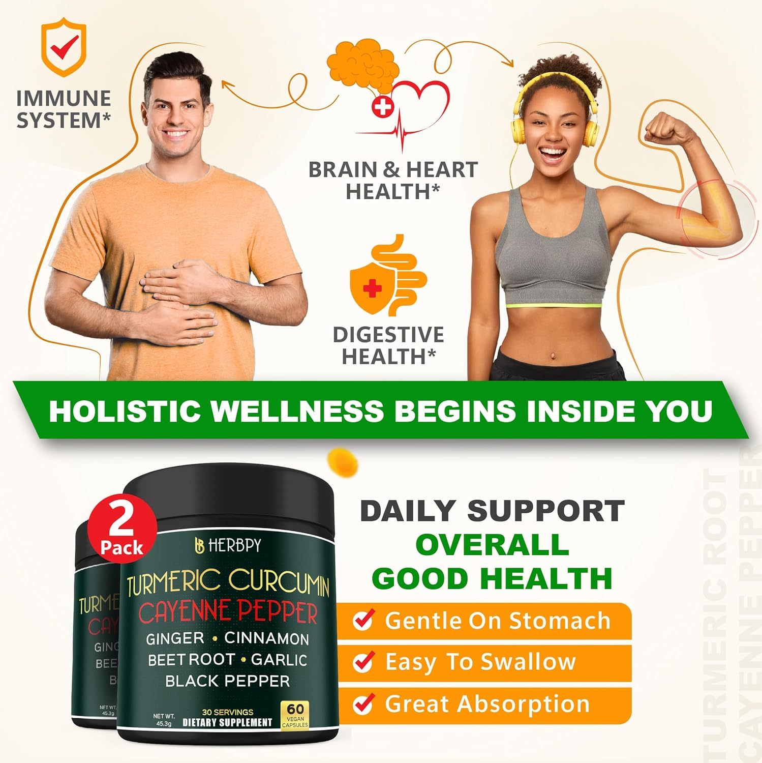 Herbpy 7In1 Turmeric and Cayenne Pepper Supplement - Digestion, Immune, Brain & Heart Health Support with Ceylon, Ginger, Garlic, Beetroot 2Pack60 image number 4