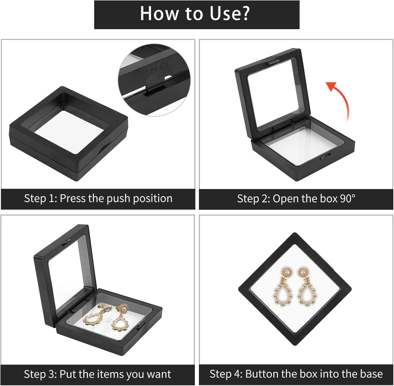 4Pcs 3D Floating Frame with Stand, Challenge Coin Display Holder, Small Shadow Box for Earrings, Rings, Brooch, Military Medal, Black, 2.75X2.75 Inches image number 4