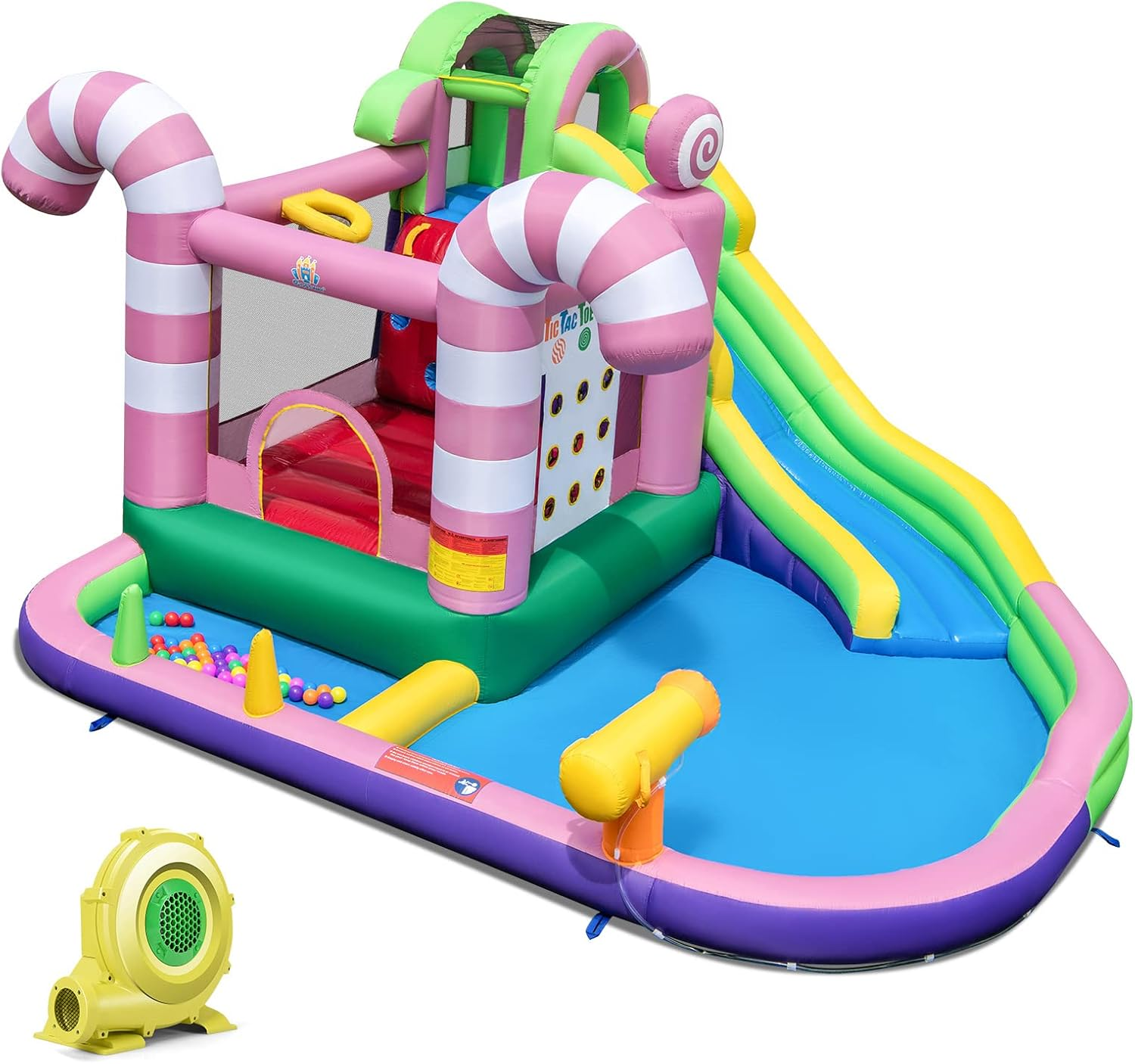 HONEY JOY Inflatable Water Slide, Wet Dry Inflatable Water Park Jumping Castle W/Long Slide, Splash Pool, Water Gun, Basketball Hoop, Climbing Wall, Ring-Toss Game, Tic Tac Toe Game (With 680W Blower) image number 1