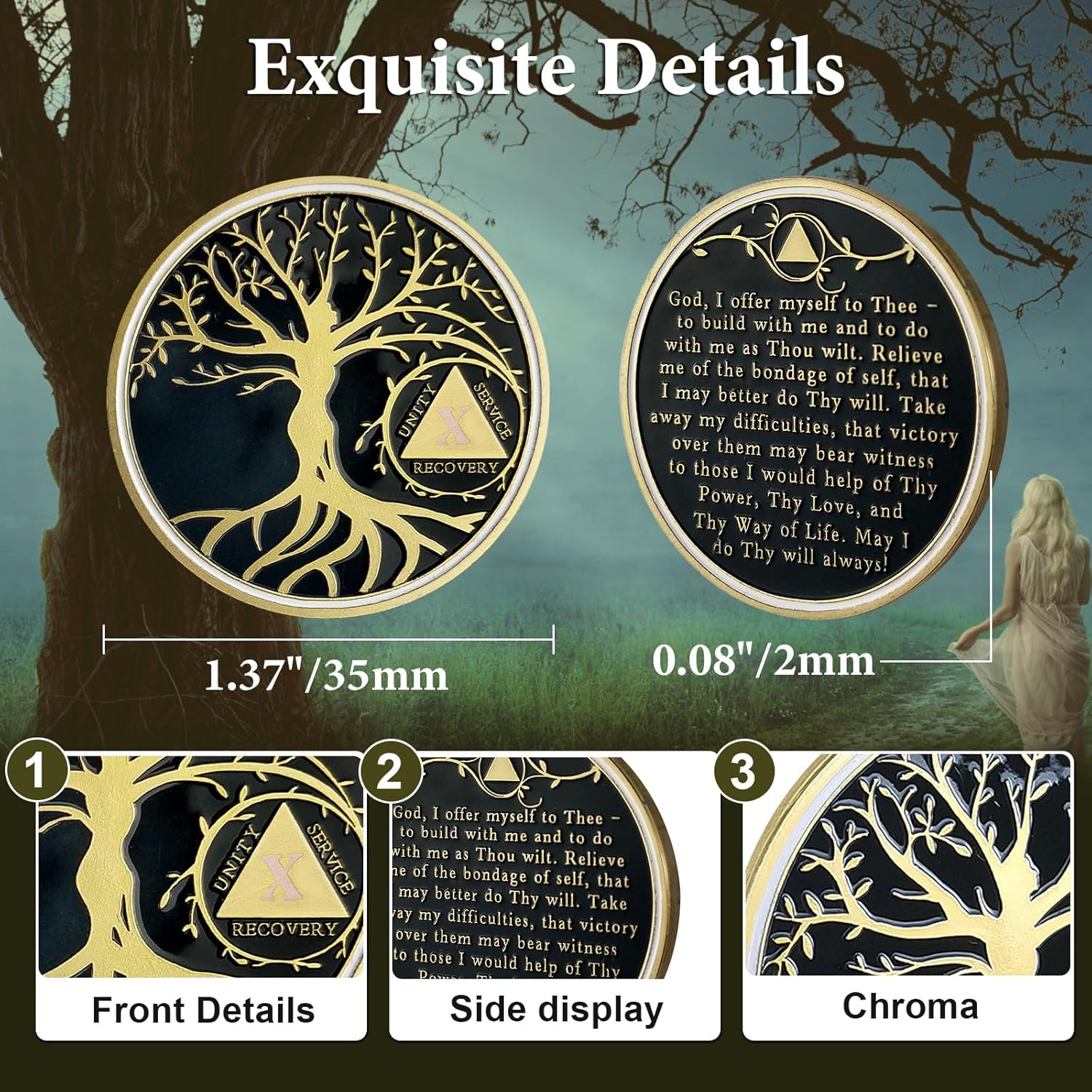 10 Year Sobriety Coin, Tree of Life AA Chips and Medallions Sobriety Recovery Chip Anniversary Sober Token Alcoholics Anonymous Recovery Gifts for Women Men image number 3