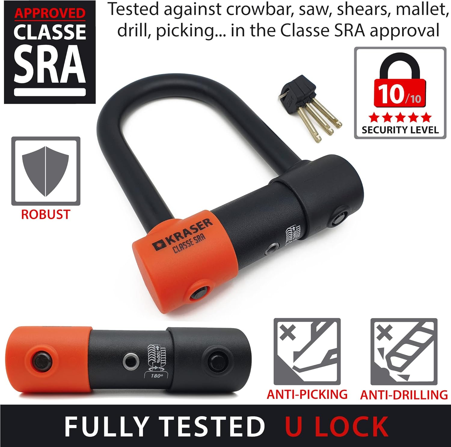 KRASER KR85S Robust U Lock, SRA Approved, High Security Tested, 85X120Mm/3.34X4.72In &Oslash;18Mm/0.7In Double Locking Shackle, Anti-Pick Lock, anti Theft U Lock for Motorcycle, Scooter, Electric Bike image number 6