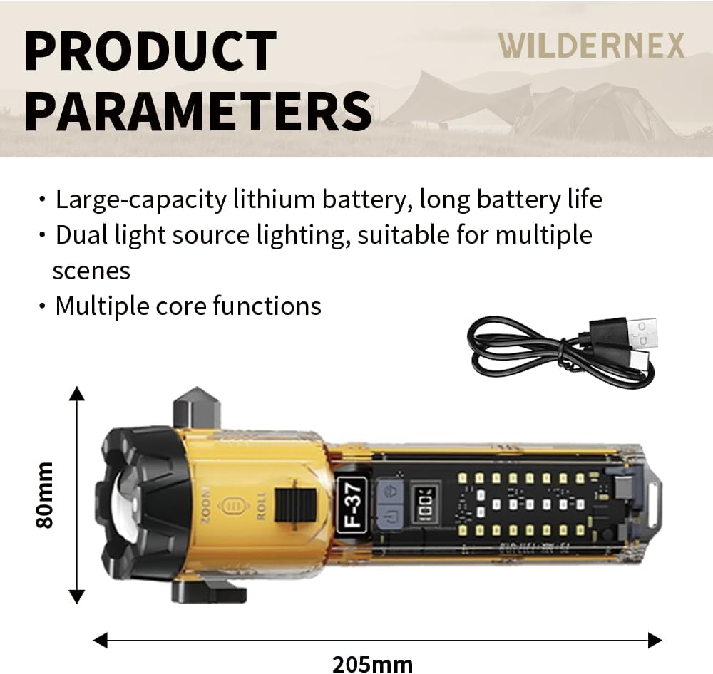 Car Safety Flashlight, Super Range Multi-Function LED Tactical Flashlight, Seat Belt Cutter, Siren, Ignition and Porwer Bank, Powerful Handheld Flashlight for Camping Emergency【Wildernex】 image number 6