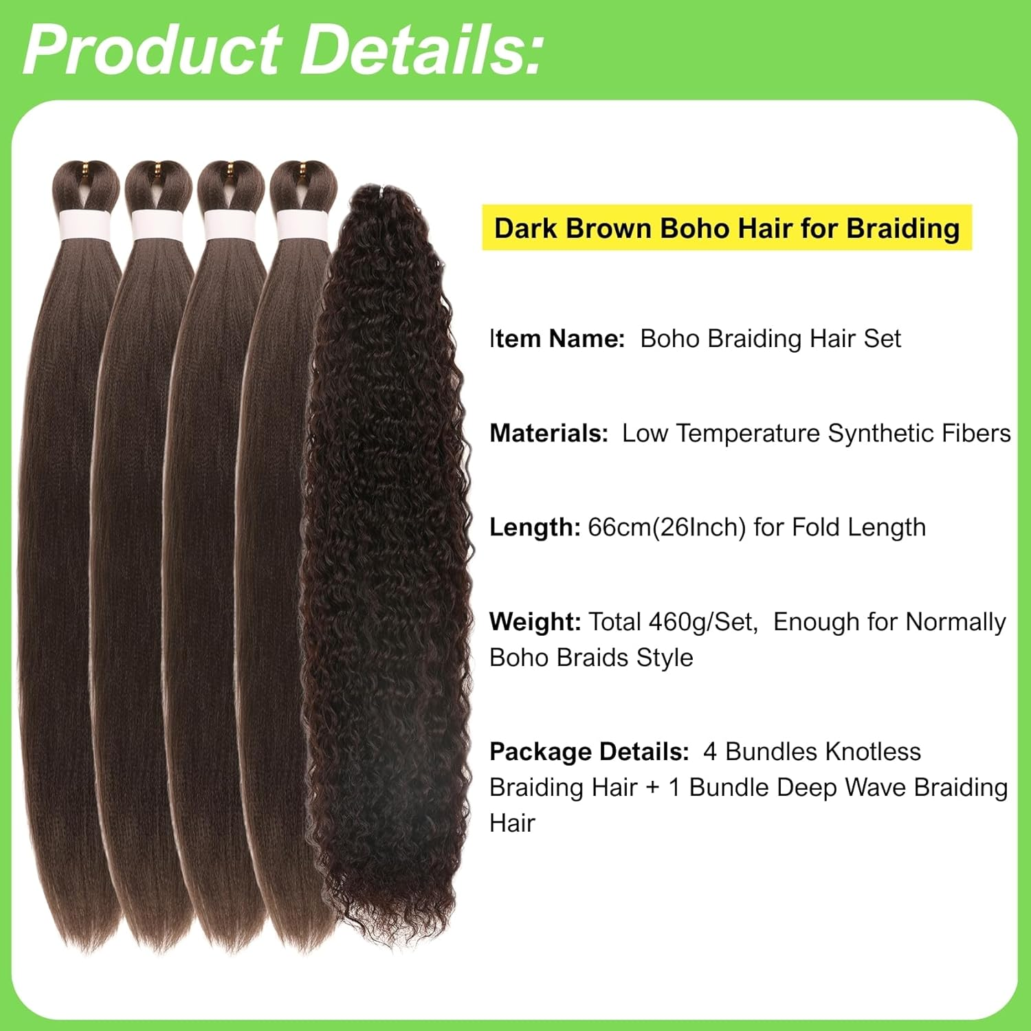 Dark Brown Braiding Hair Pre Stretched Knotless Mermaid Braiding Hair for Boho Braiding Deep Wace Colour 4 Micro Curl Boho Hair for Braiding (5 Packs) image number 6