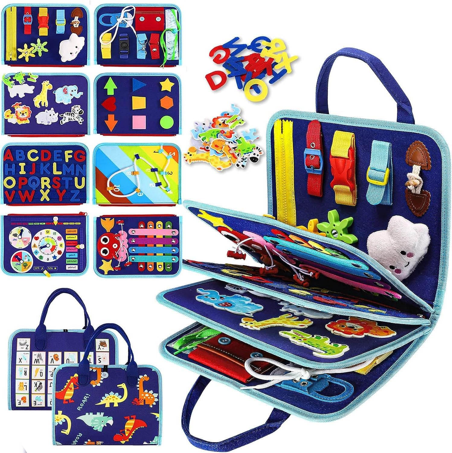 Montessori Toys for Toddlers, Busy Board, Toddler Sensory Toys Preschool Educational Busy Book Travel Toys for Toddlers 3 4 5 Year Old Girls Boys Gift Plane Car Activities Baby Quiet Book (Blue)