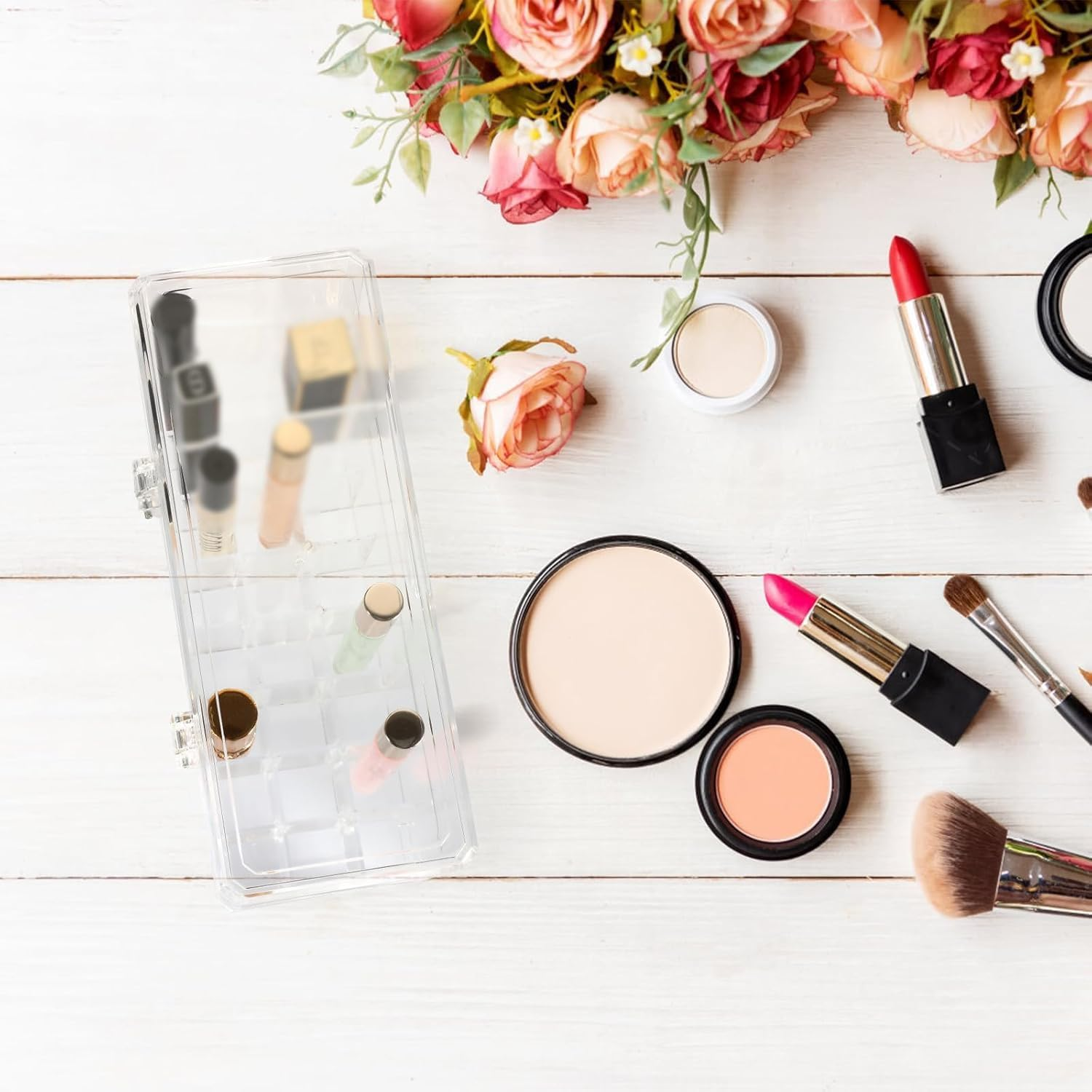 Lipstick Storage Box Organizer, 24 Spaces Clear Acrylic Perfume Storage Holder Beauty Scent Holder, Makeup Lipgloss Lipstick Display Case with Lid (24 Spaces, One Size) image number 2