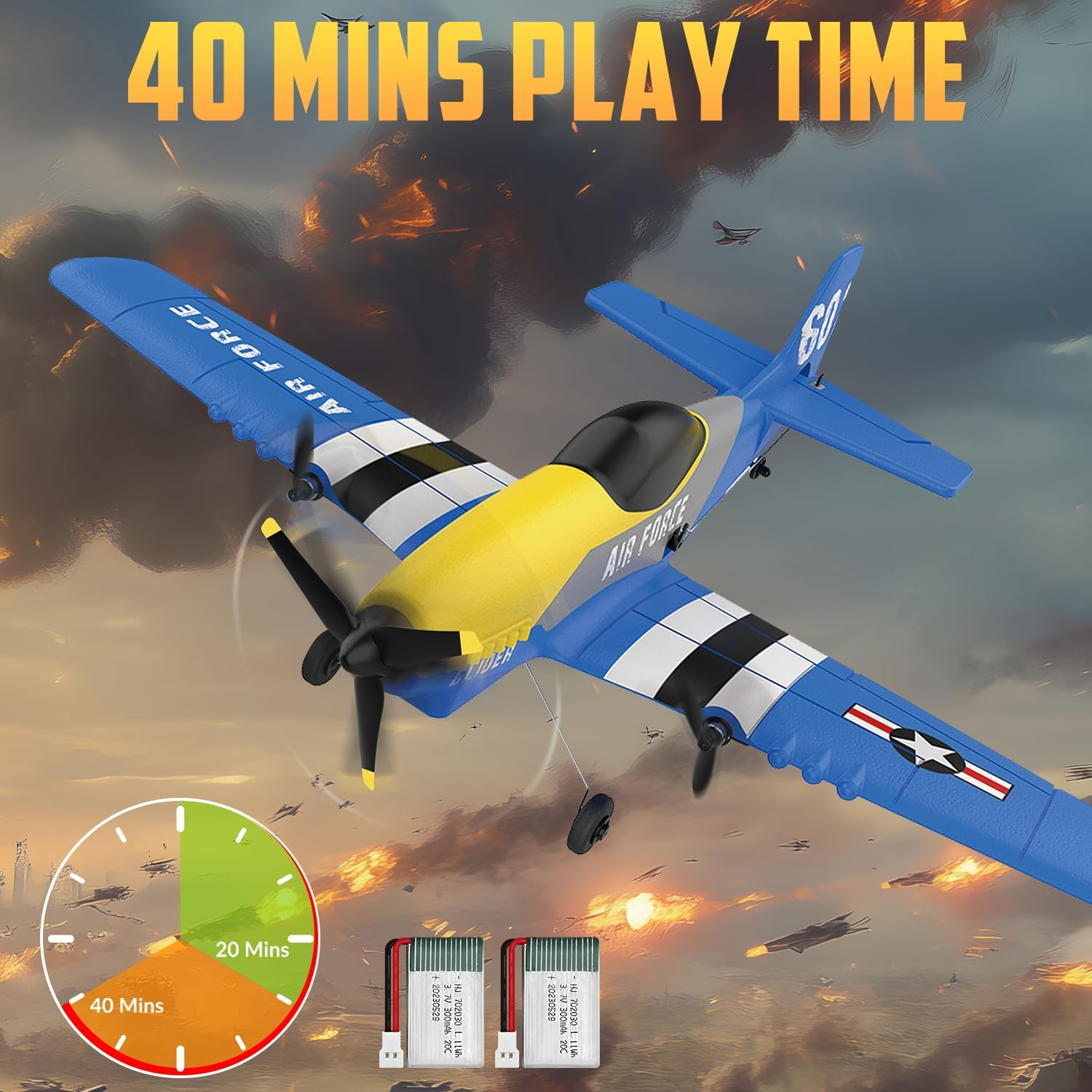 HAWK'S WORK 3 Channel RC Plane P-51D Mustang, Remote Control Airplane Ready to Fly, 2.4Ghz 6-Axis Gyro Stabilizer, Easy to Fly for Kids & Beginners - 3Ch-Gray image number 5